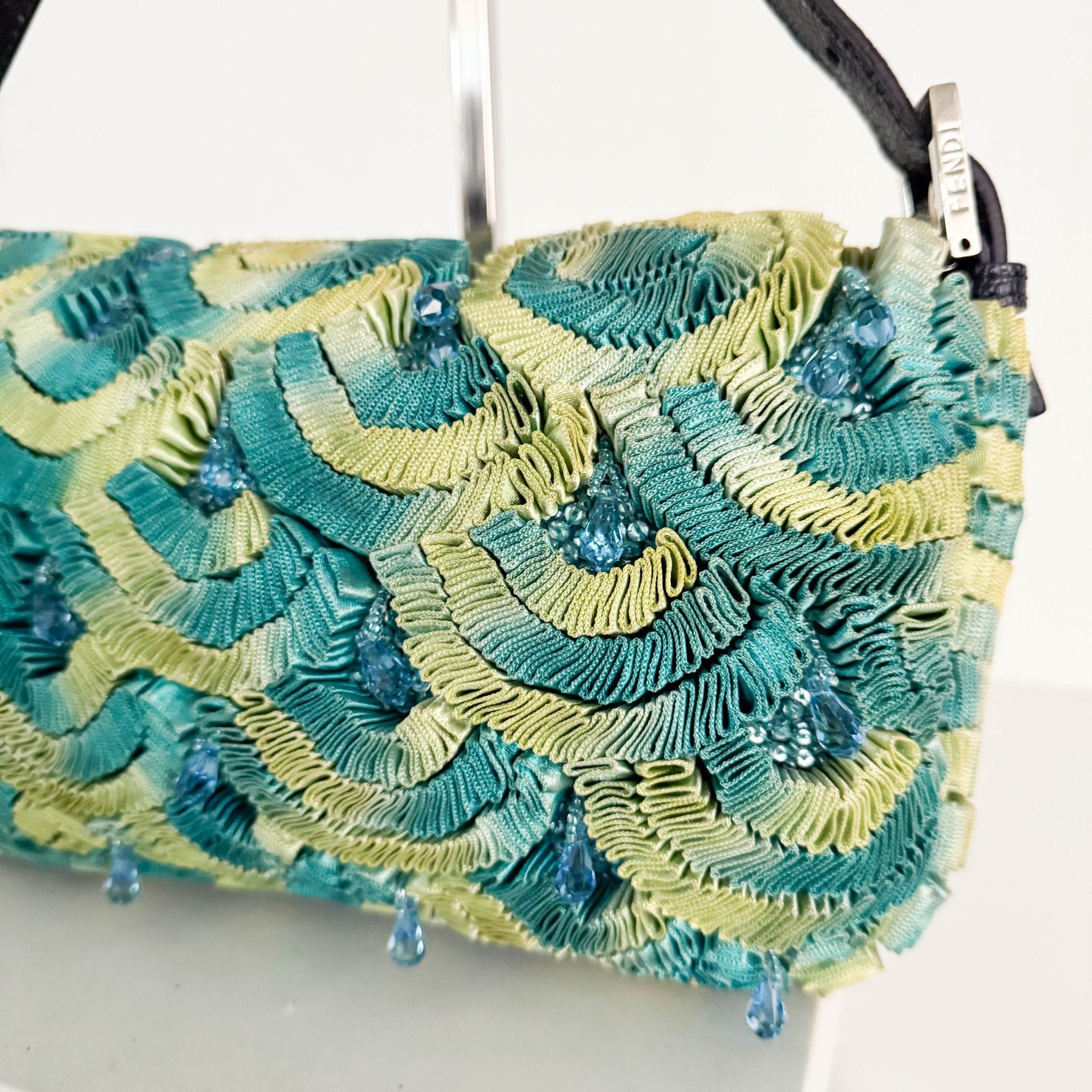 FENDI Baguette Green Pleated Silk Sky Blue Beads Rhinestones Hardware Shoulder Bag, in , Sold by HIVE PRELOVED - Shoulder Bag