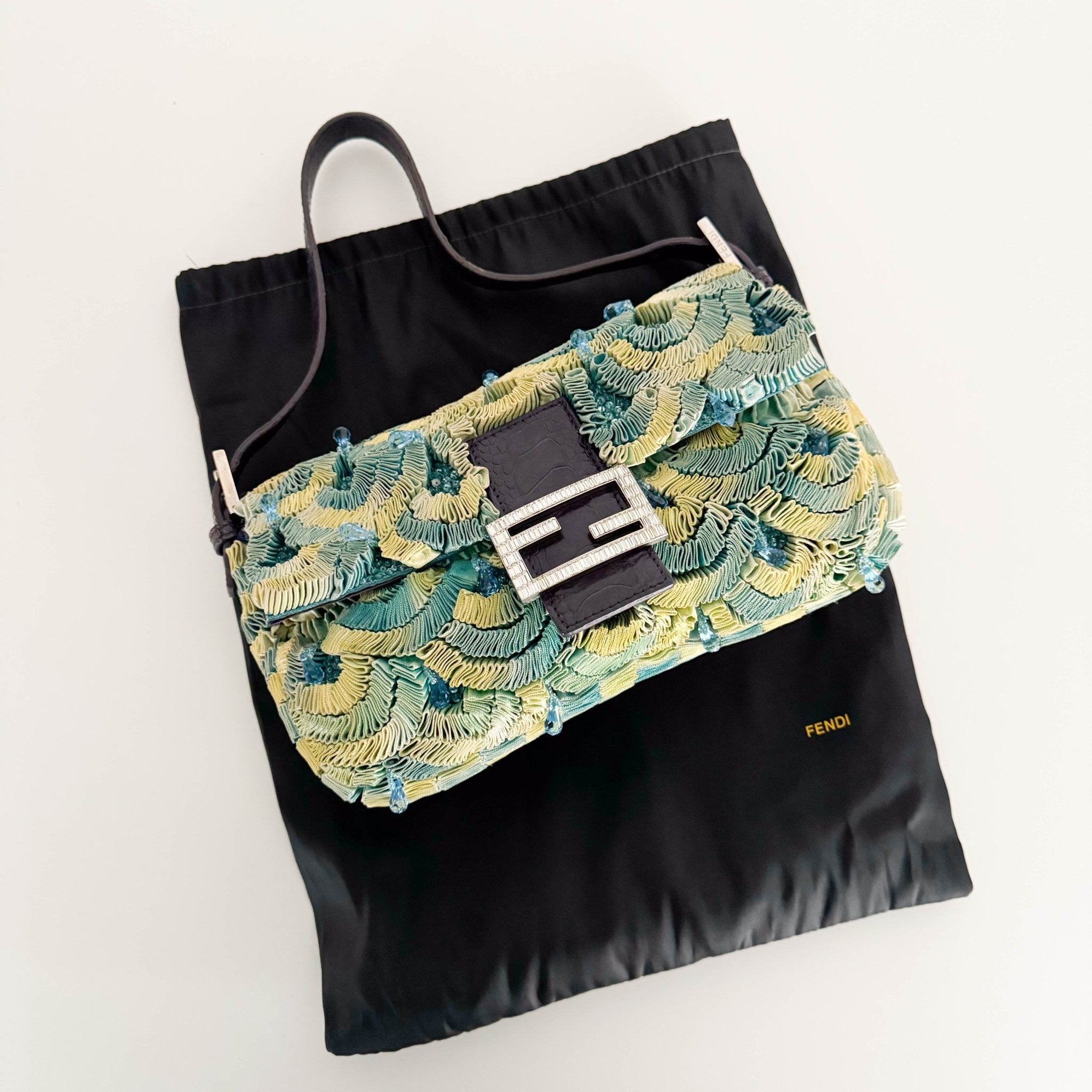 FENDI Baguette Green Pleated Silk Sky Blue Beads Rhinestones Hardware Shoulder Bag, in , Sold by HIVE PRELOVED - Shoulder Bag