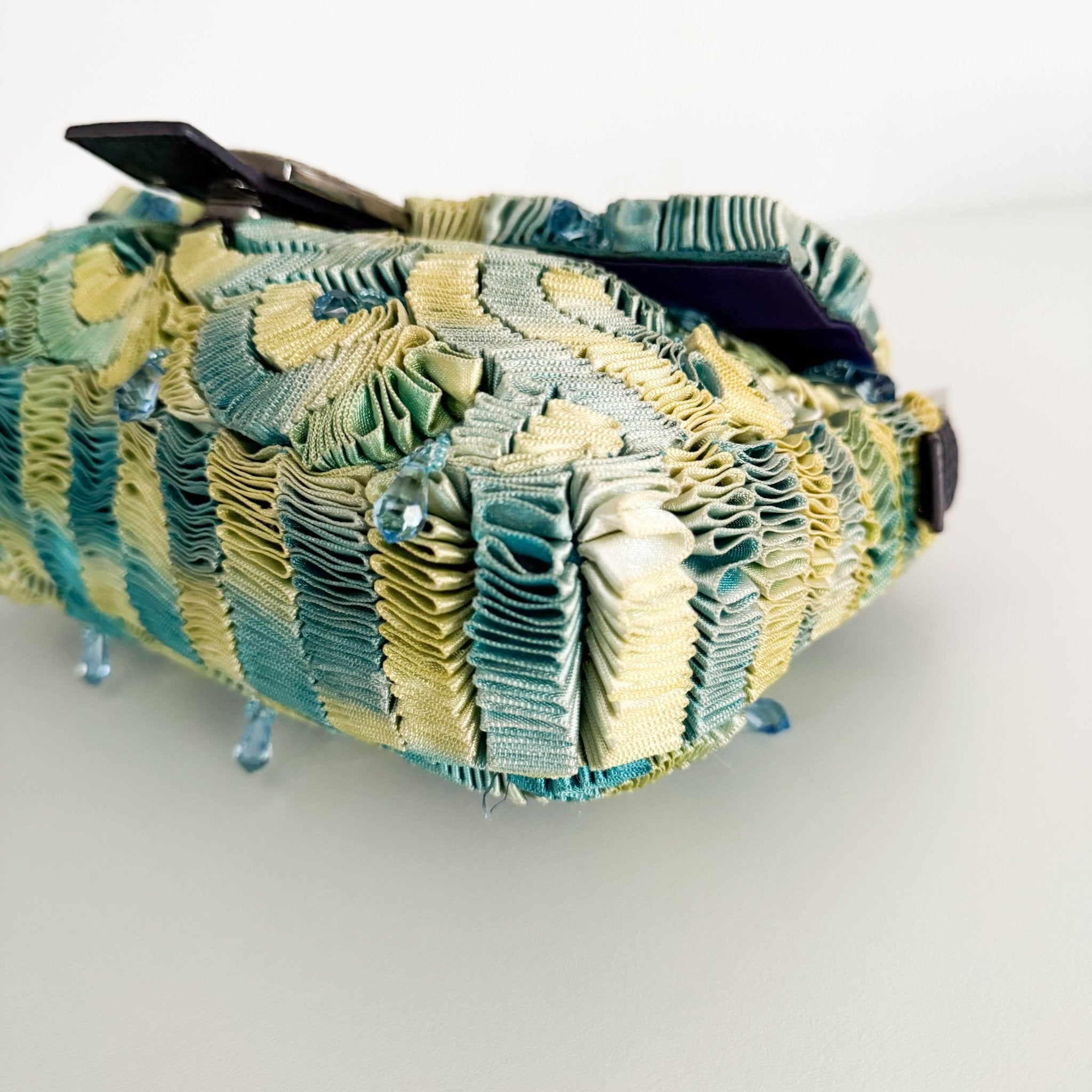 FENDI Baguette Green Pleated Silk Sky Blue Beads Rhinestones Hardware Shoulder Bag, in , Sold by HIVE PRELOVED - Shoulder Bag