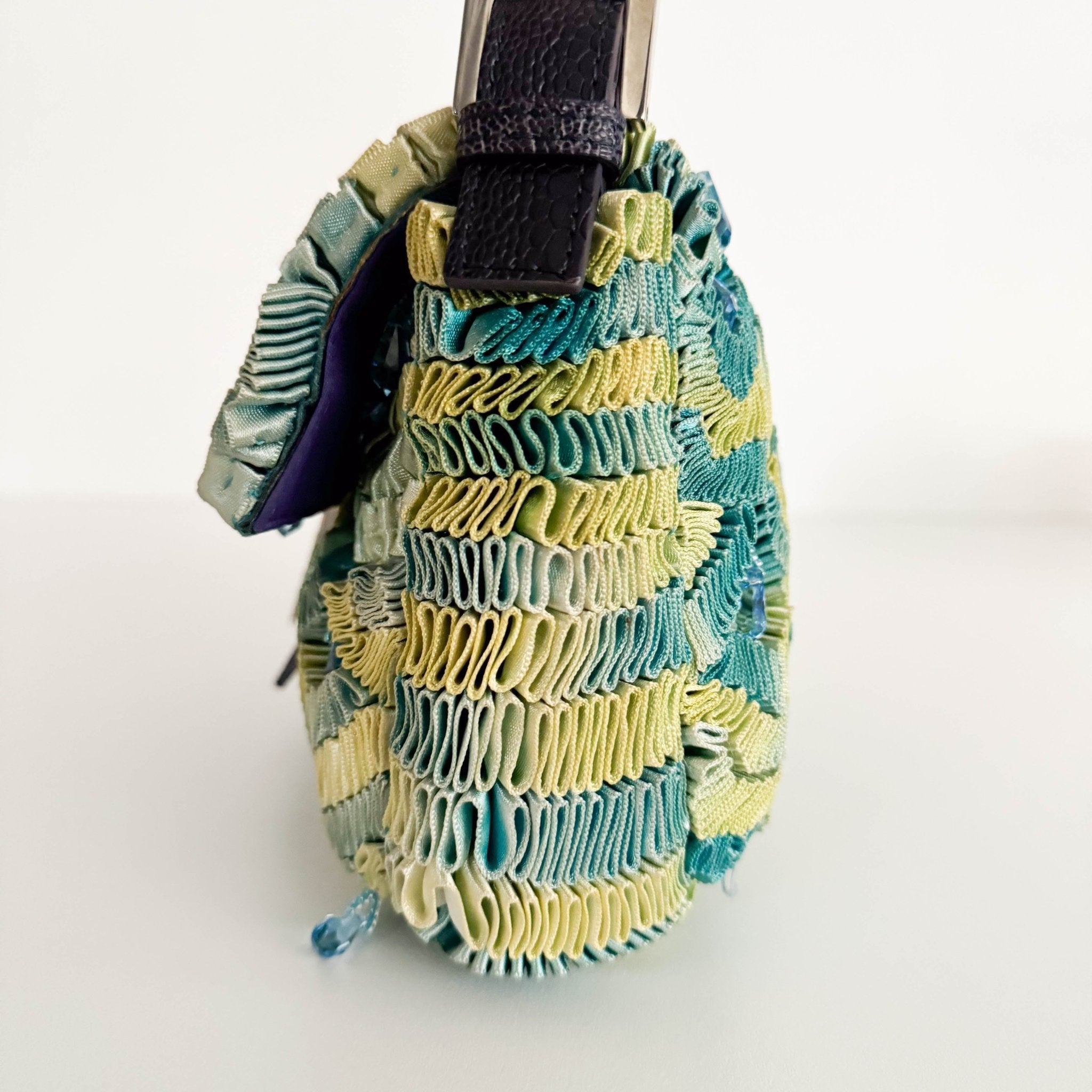 FENDI Baguette Green Pleated Silk Sky Blue Beads Rhinestones Hardware Shoulder Bag, in , Sold by HIVE PRELOVED - Shoulder Bag