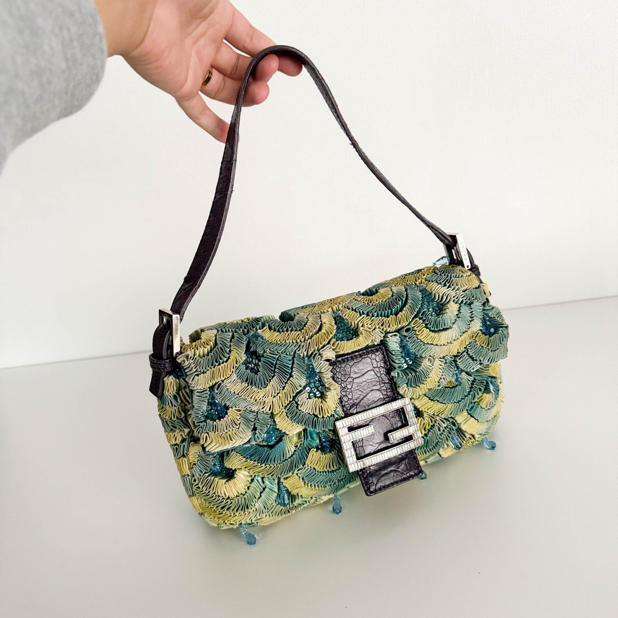 FENDI Baguette Green Pleated Silk Sky Blue Beads Rhinestones Hardware Shoulder Bag, in , Sold by HIVE PRELOVED - Shoulder Bag