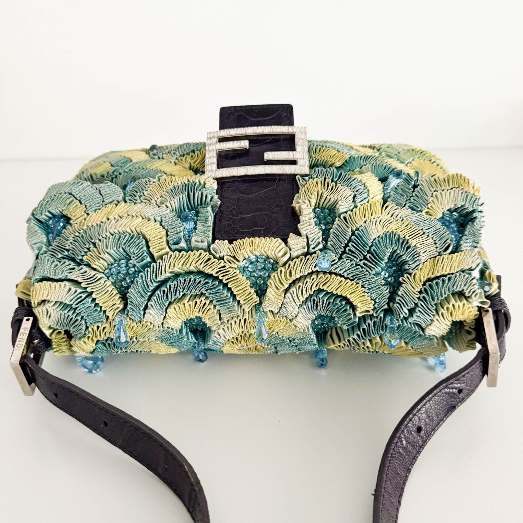 FENDI Baguette Green Pleated Silk Sky Blue Beads Rhinestones Hardware Shoulder Bag, in , Sold by HIVE PRELOVED - Shoulder Bag