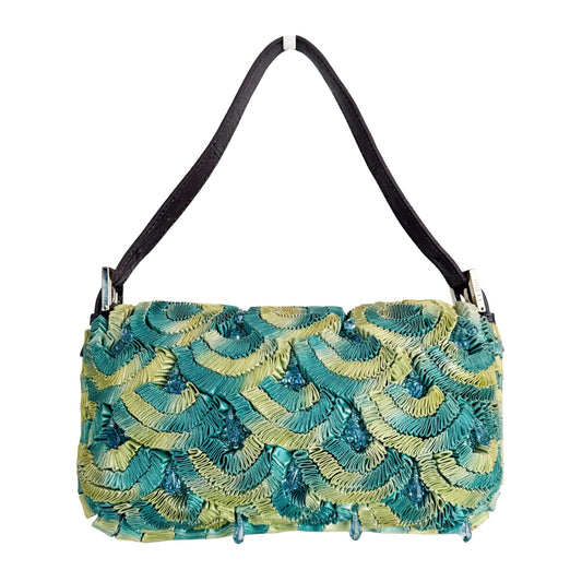 FENDI Baguette Green Pleated Silk Sky Blue Beads Rhinestones Hardware Shoulder Bag, in , Sold by HIVE PRELOVED - Shoulder Bag