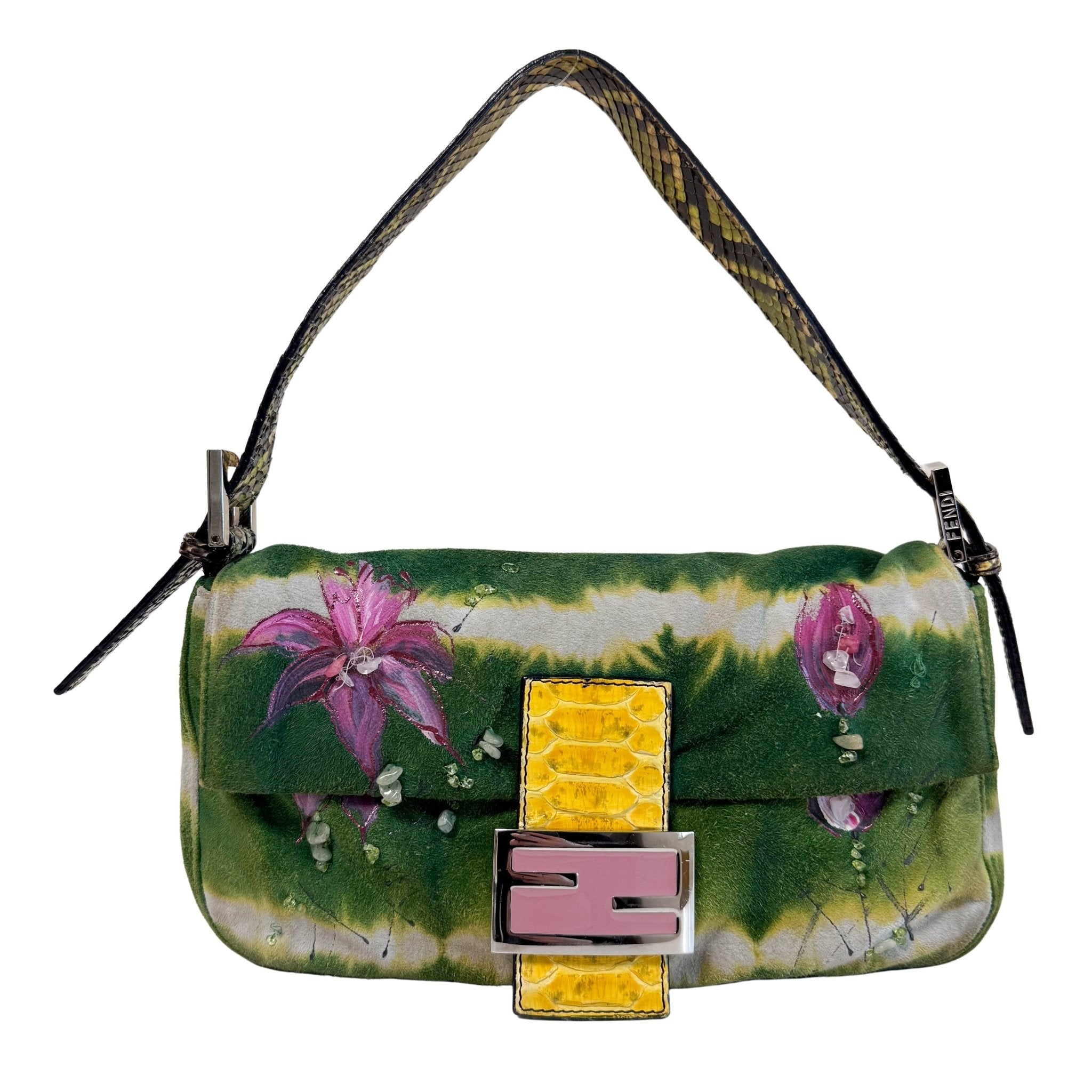 FENDI Baguette Green Suede Flower Design Shoulder Bag, in , Sold by HIVE PRELOVED - Shoulder Bags, ,