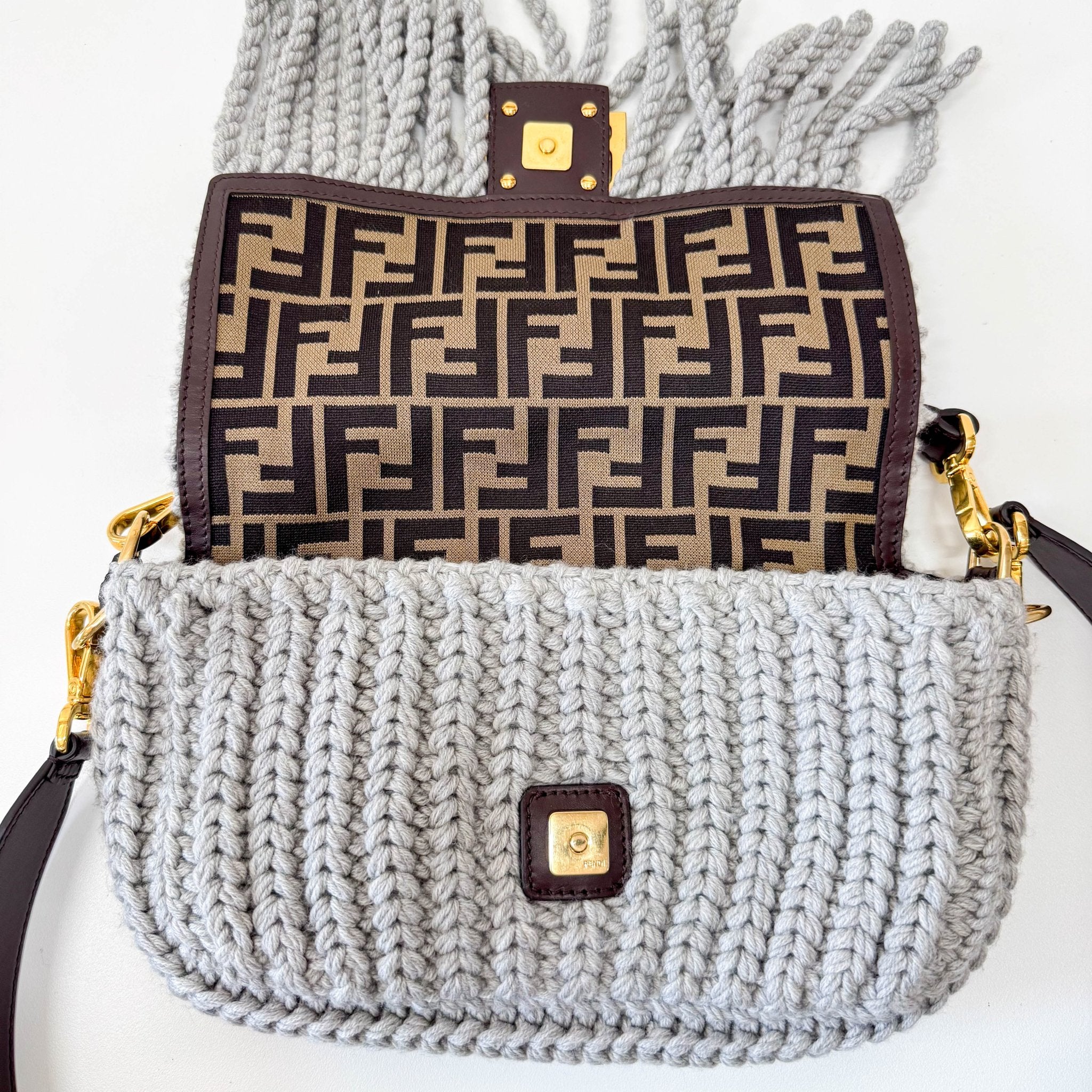 FENDI Baguette Grey Braided Wool with Zucca Interior Lining Shoulder Bag, in , Sold by HIVE PRELOVED - Shoulder Bags, ,