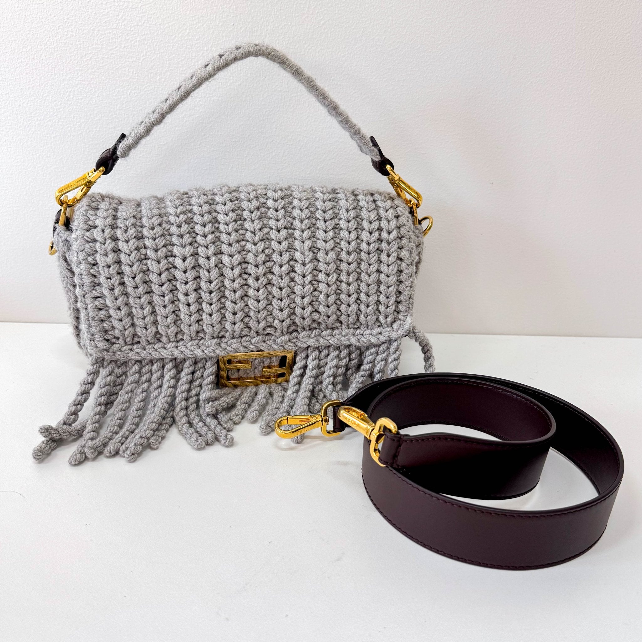 FENDI Baguette Grey Braided Wool with Zucca Interior Lining Shoulder Bag, in , Sold by HIVE PRELOVED - Shoulder Bags, ,