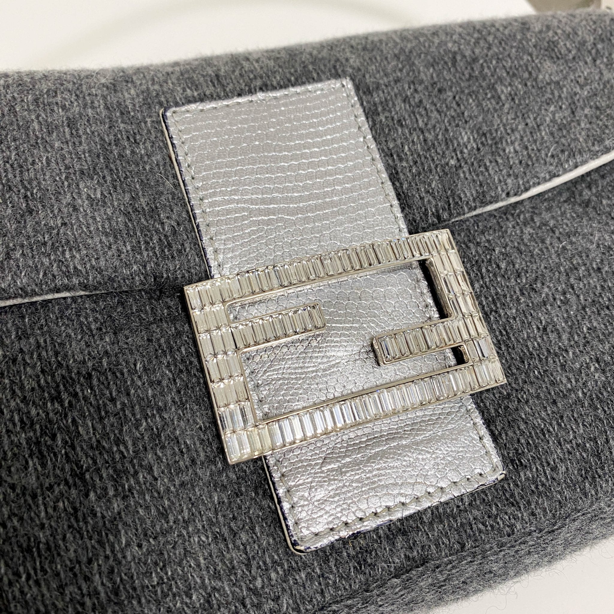 FENDI Baguette Grey Cashmere Shoulder Bag with Rhinestone Hardware, in , Sold by HIVE PRELOVED - Shoulder Bags, ,