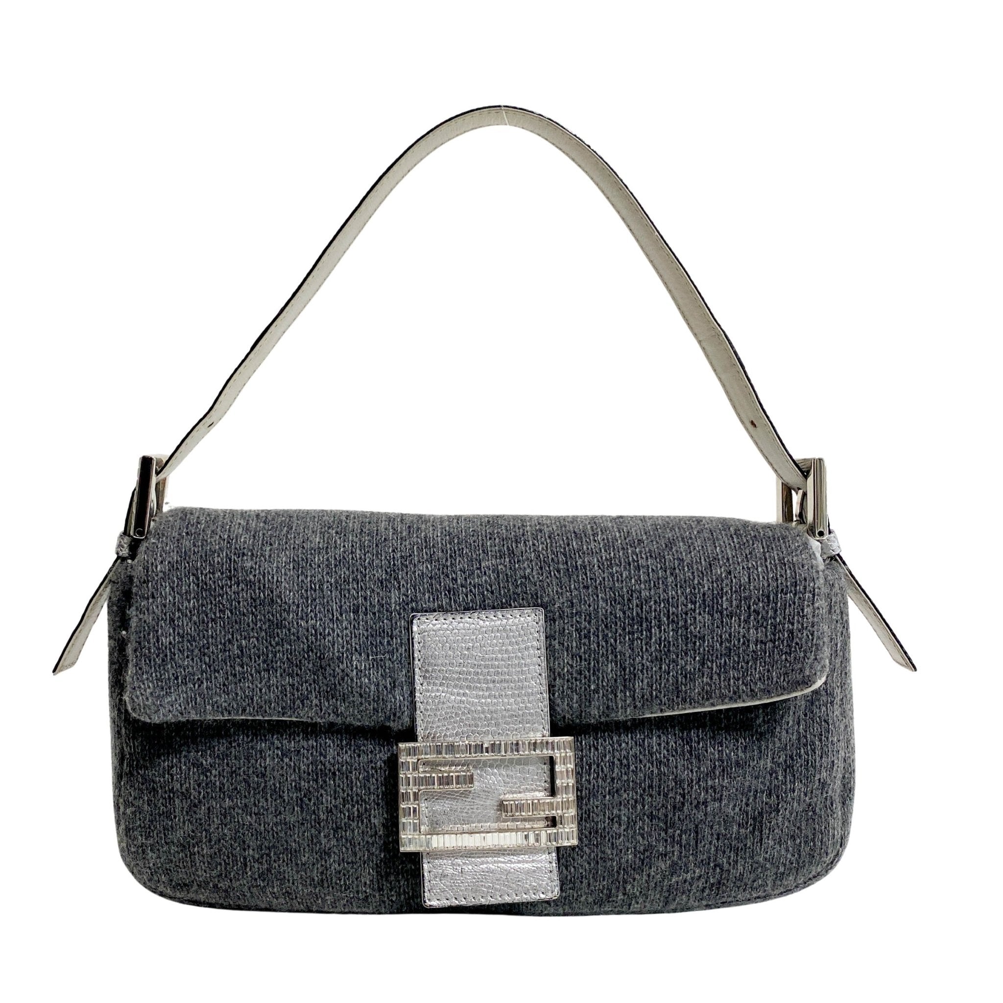 FENDI Baguette Grey Cashmere Shoulder Bag with Rhinestone Hardware, in , Sold by HIVE PRELOVED - Shoulder Bags, ,