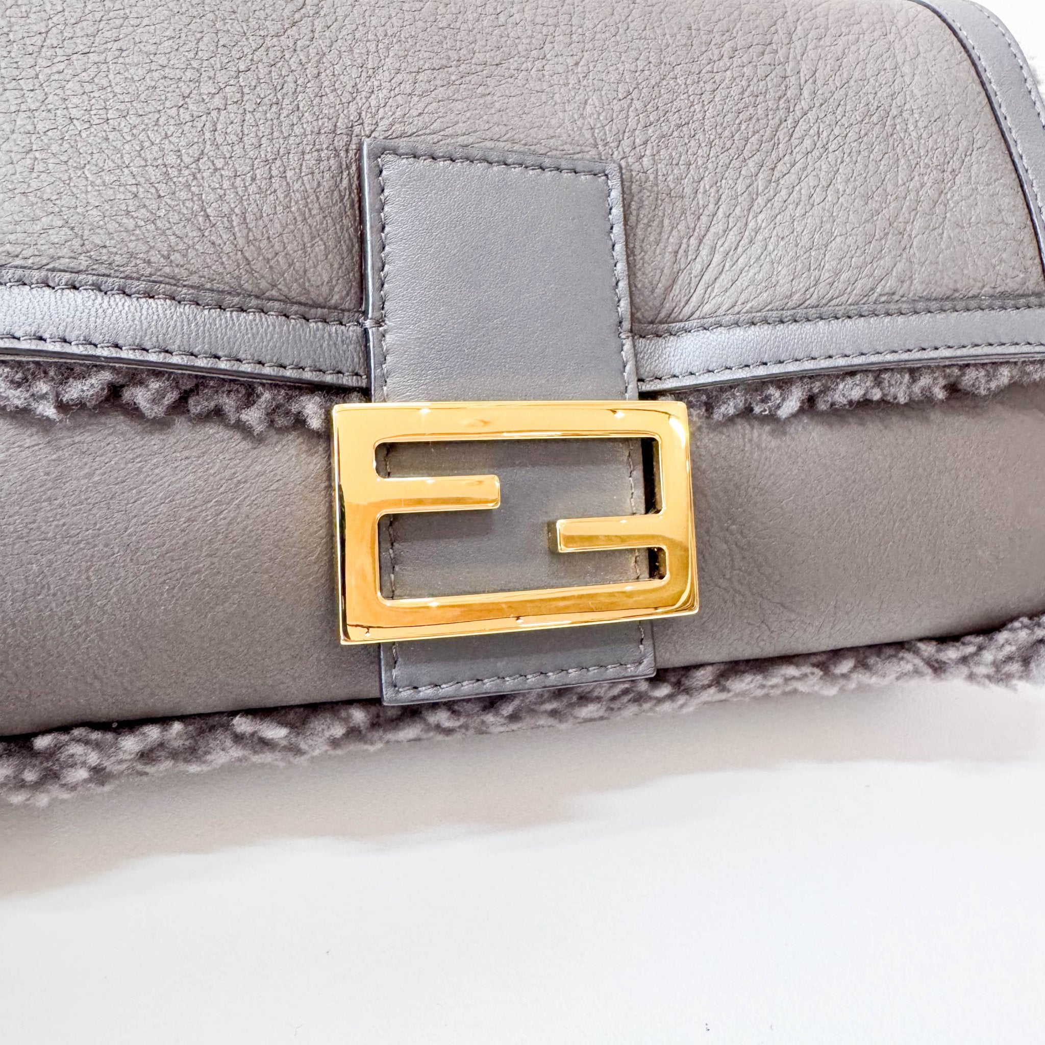 FENDI Baguette Grey Leather Soft Interior Lining Shoulder