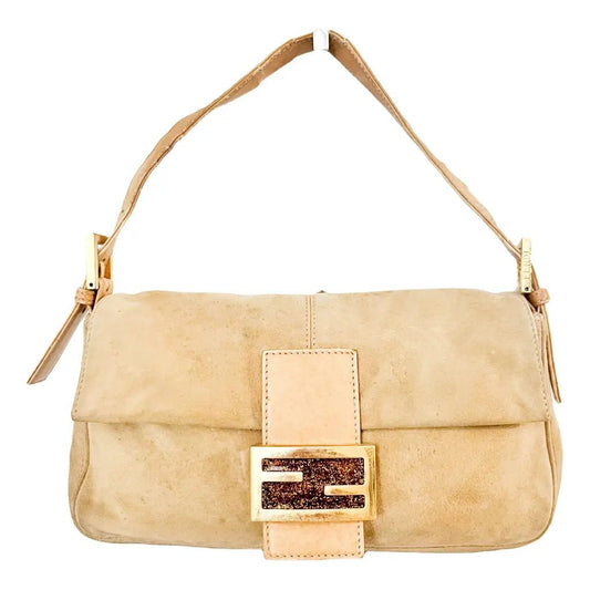 FENDI Baguette Handbag, Neutral in Suede, Sold by HIVE PRELOVED - , ,