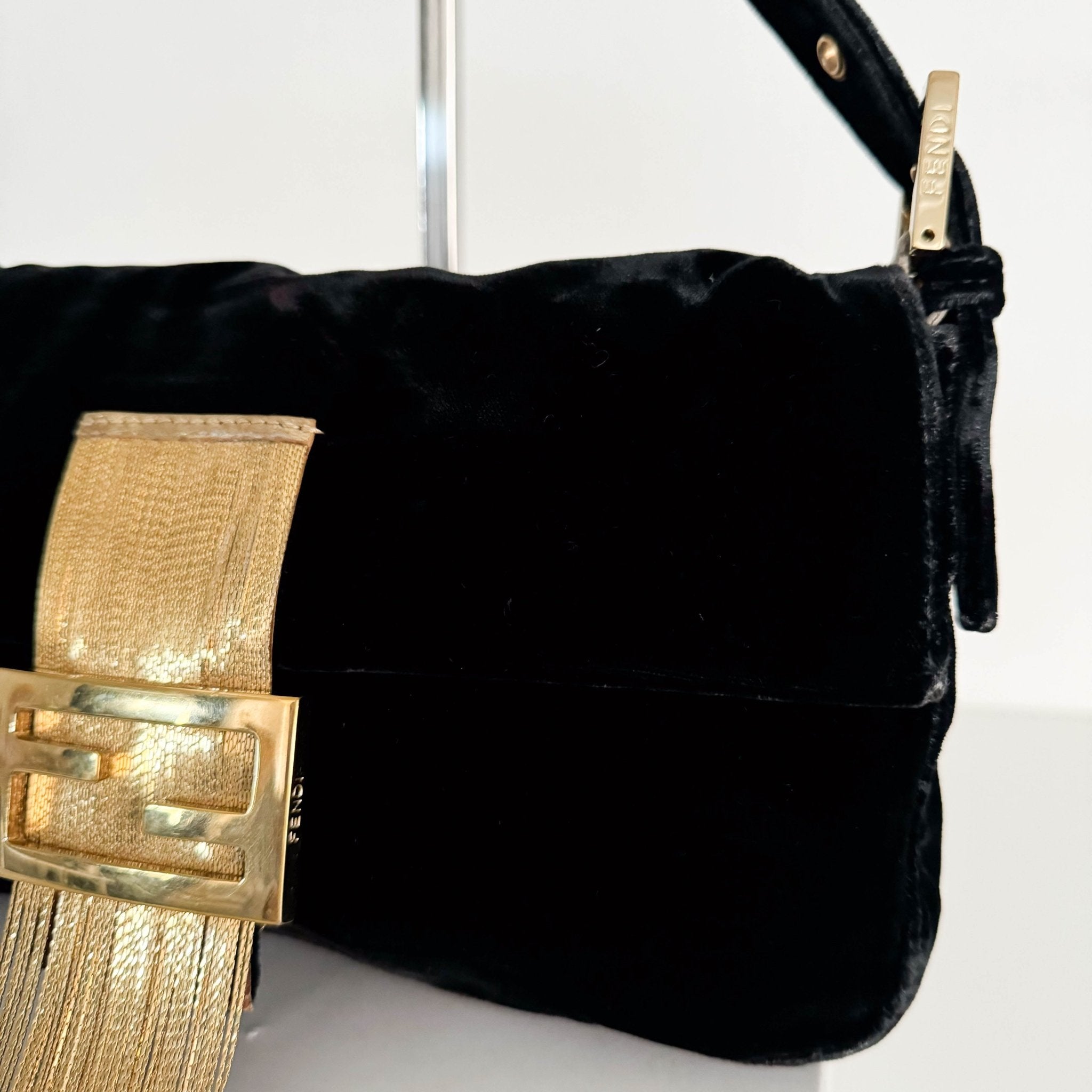 FENDI Baguette in Black Velvet with Gold Metallic Fringing, in , Sold by HIVE PRELOVED - Shoulder Bags, ,