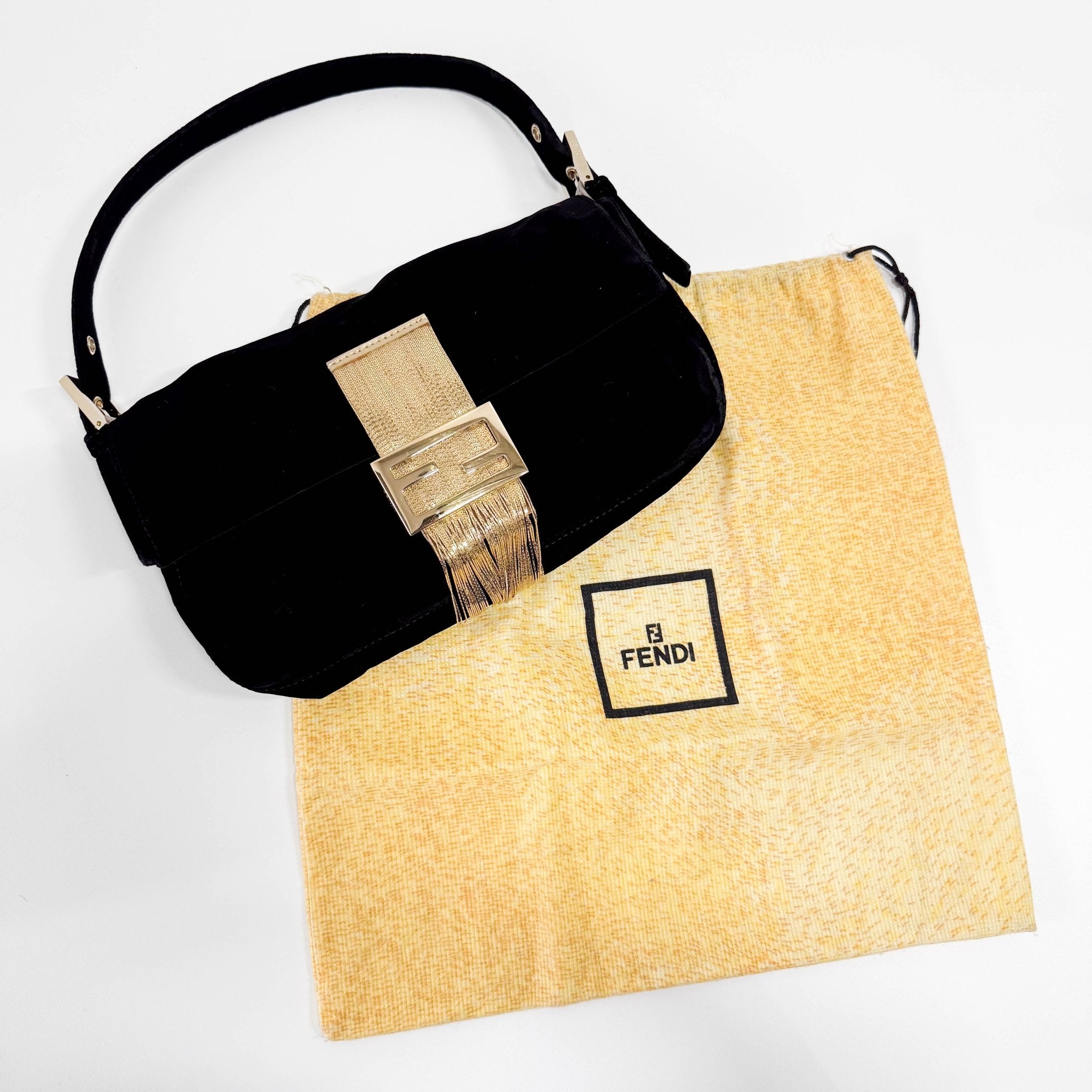 FENDI Baguette in Black Velvet with Gold Metallic Fringing, in , Sold by HIVE PRELOVED - Shoulder Bags, ,