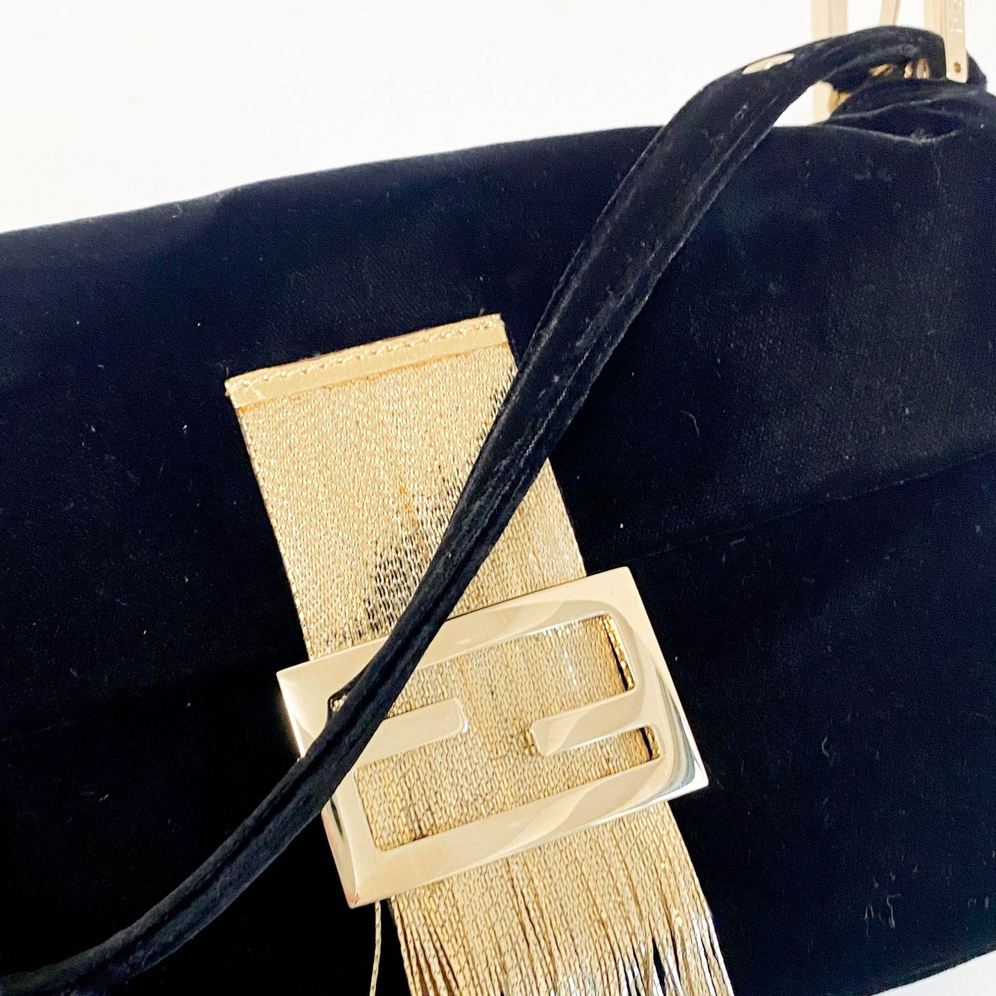 FENDI Baguette in Black Velvet with Gold Metallic Fringing, in , Sold by HIVE PRELOVED - Shoulder Bags, ,