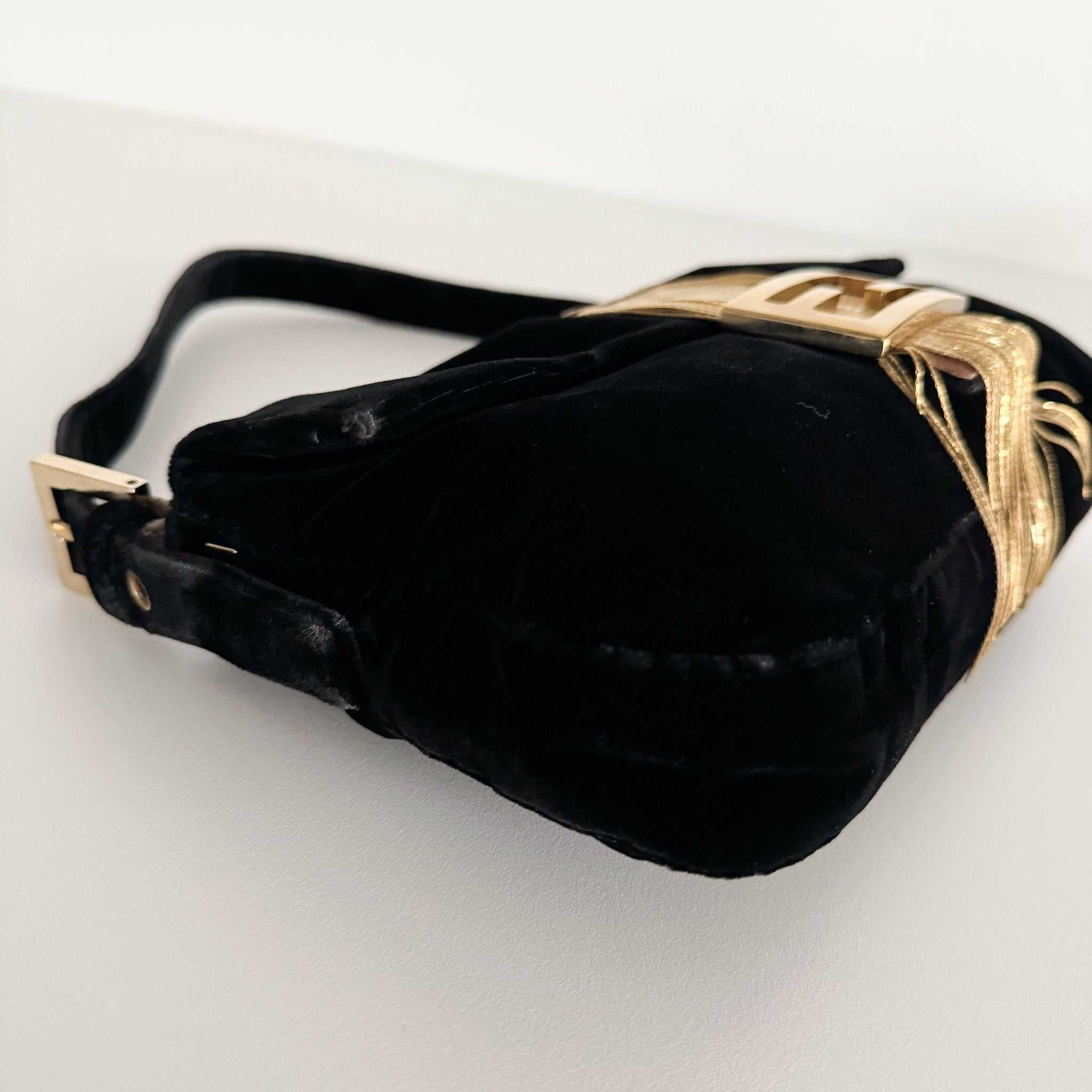 FENDI Baguette in Black Velvet with Gold Metallic Fringing, in , Sold by HIVE PRELOVED - Shoulder Bags, ,