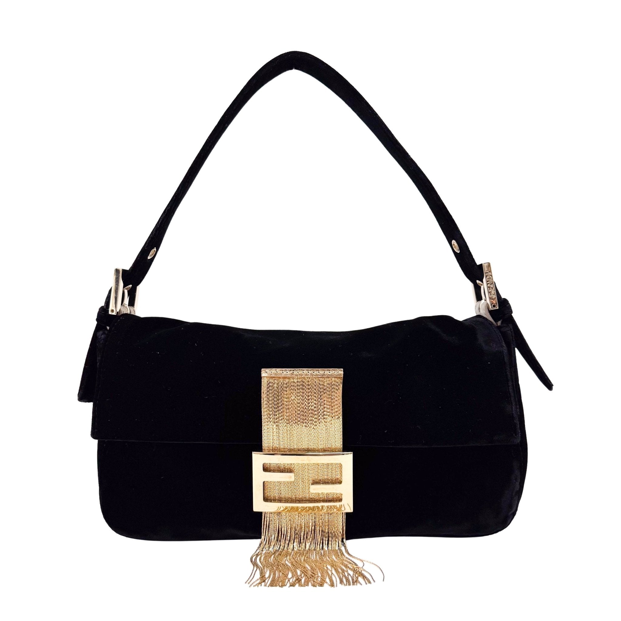 FENDI Baguette in Black Velvet with Gold Metallic Fringing, in , Sold by HIVE PRELOVED - Shoulder Bags, ,