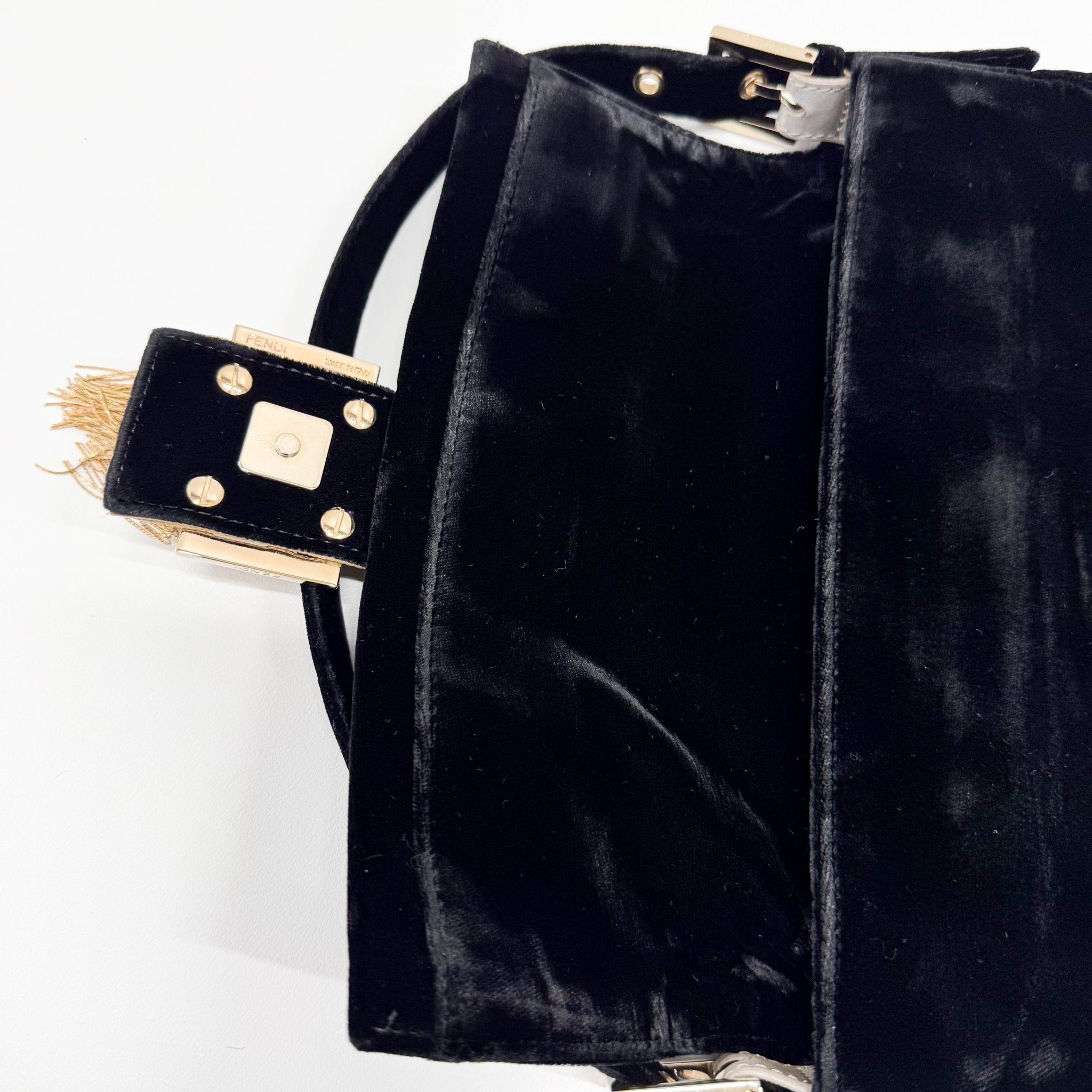 FENDI Baguette in Black Velvet with Gold Metallic Fringing, in , Sold by HIVE PRELOVED - Shoulder Bags, ,