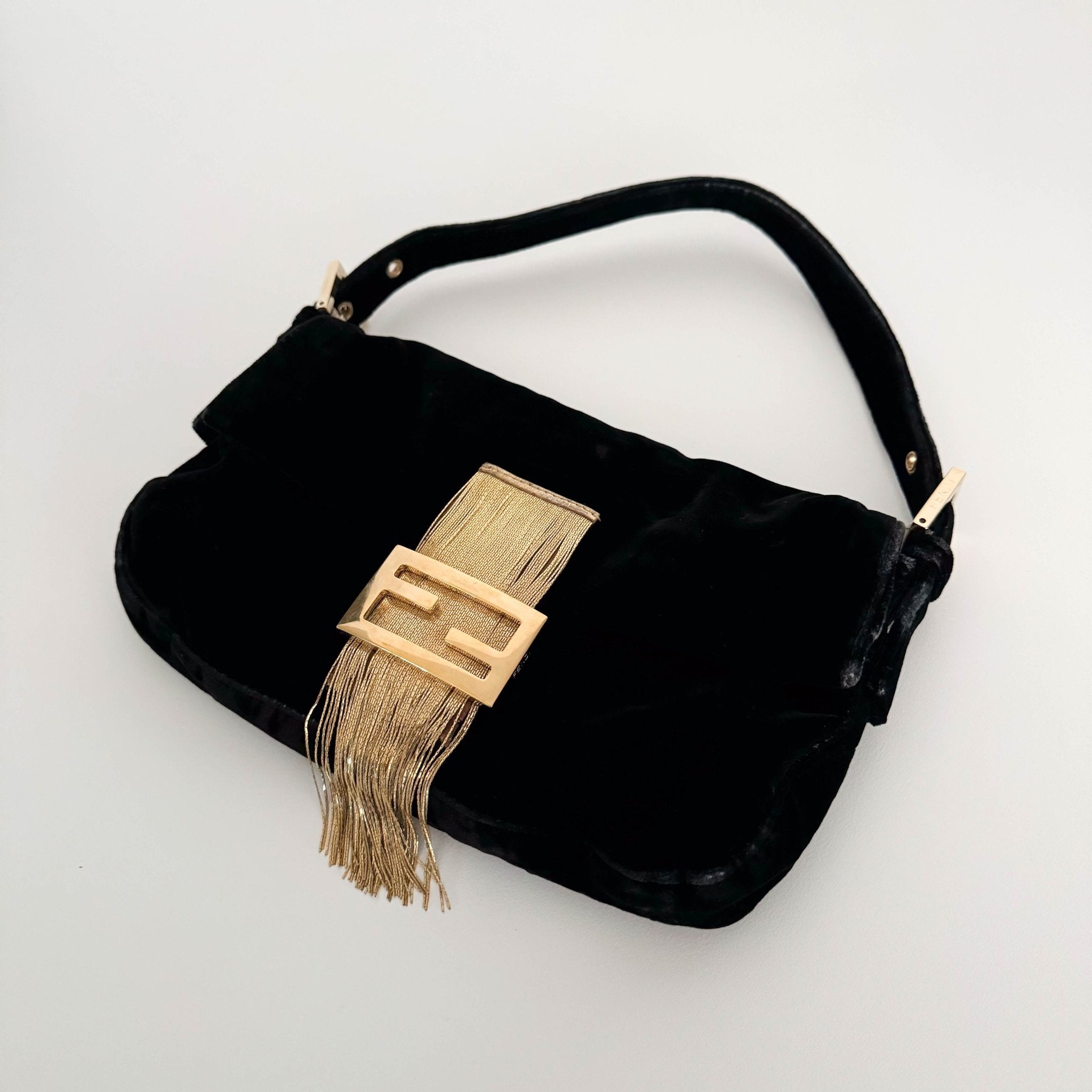 FENDI Baguette in Black Velvet with Gold Metallic Fringing, in , Sold by HIVE PRELOVED - Shoulder Bags, ,
