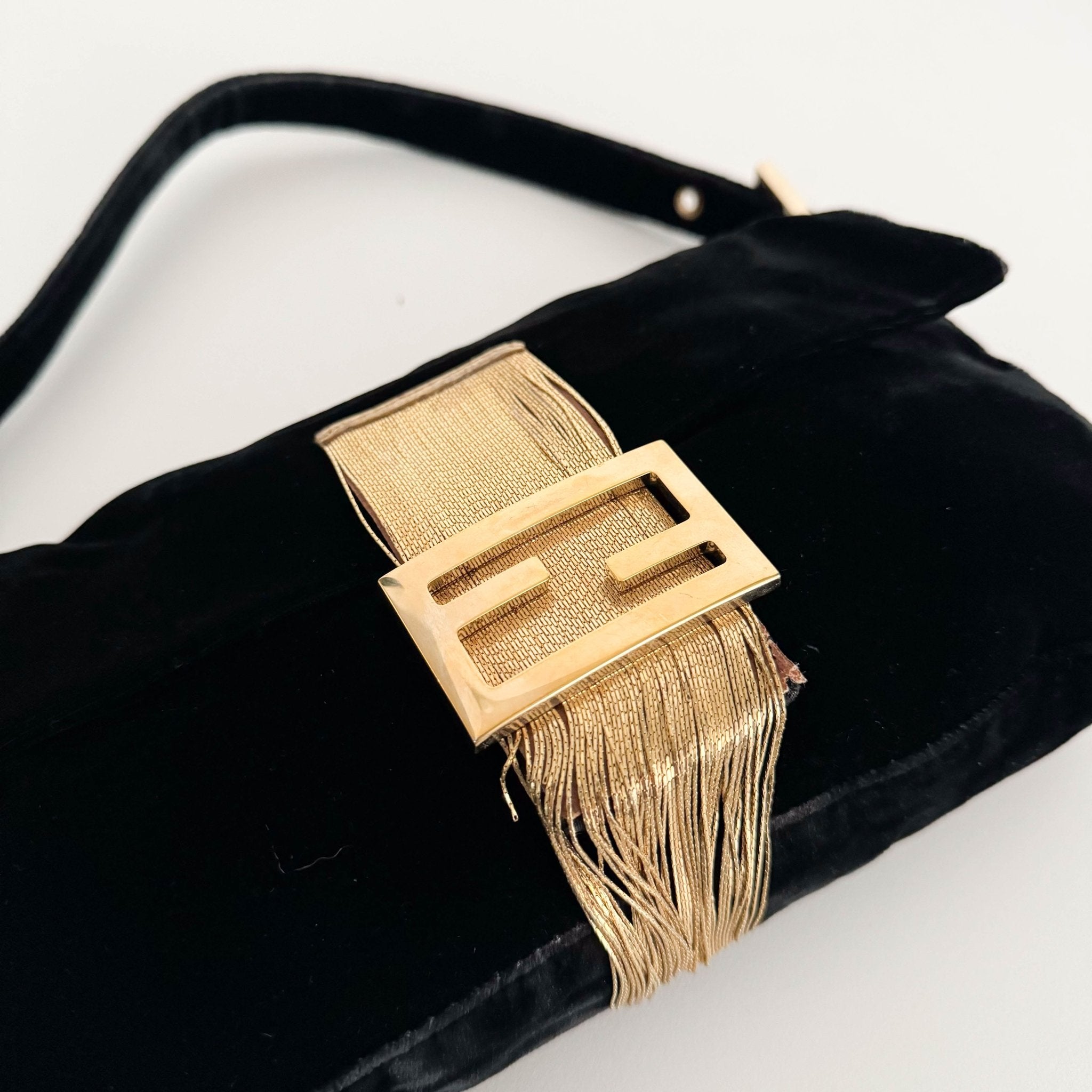 FENDI Baguette in Black Velvet with Gold Metallic Fringing, in , Sold by HIVE PRELOVED - Shoulder Bags, ,