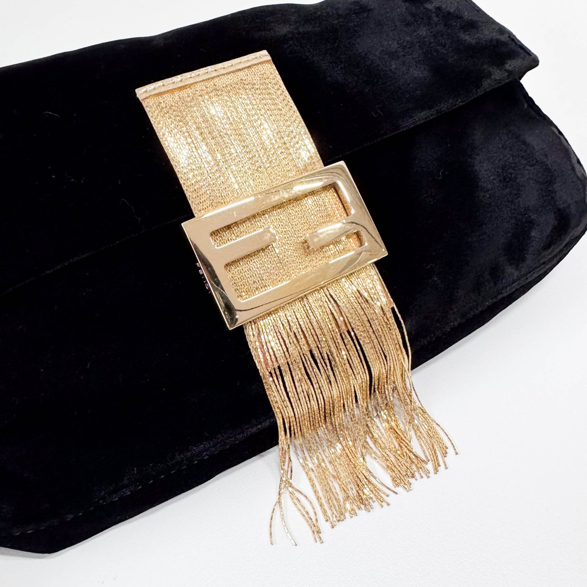 FENDI Baguette in Black Velvet with Gold Metallic Fringing, in , Sold by HIVE PRELOVED - Shoulder Bags, ,