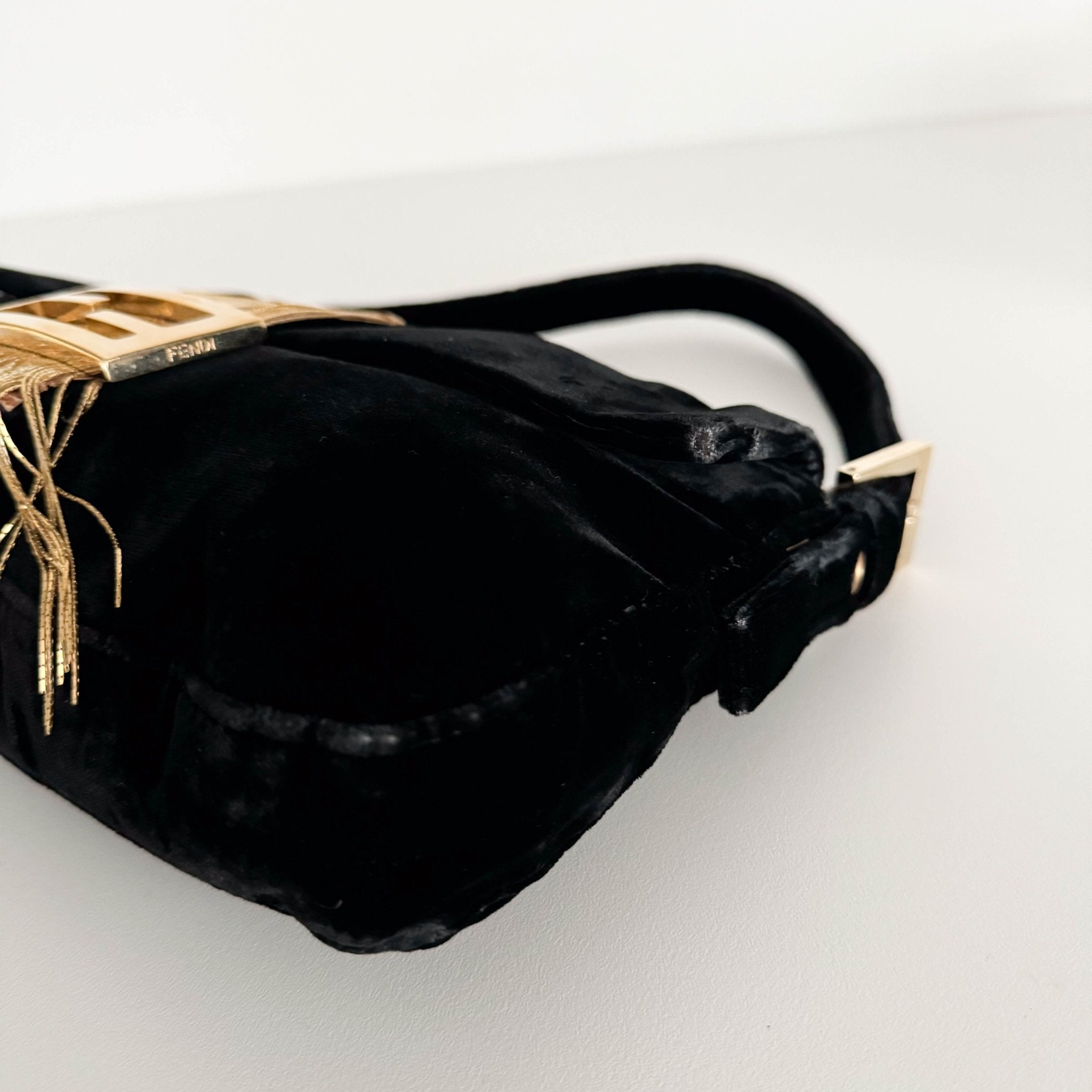 FENDI Baguette in Black Velvet with Gold Metallic Fringing, in , Sold by HIVE PRELOVED - Shoulder Bags, ,