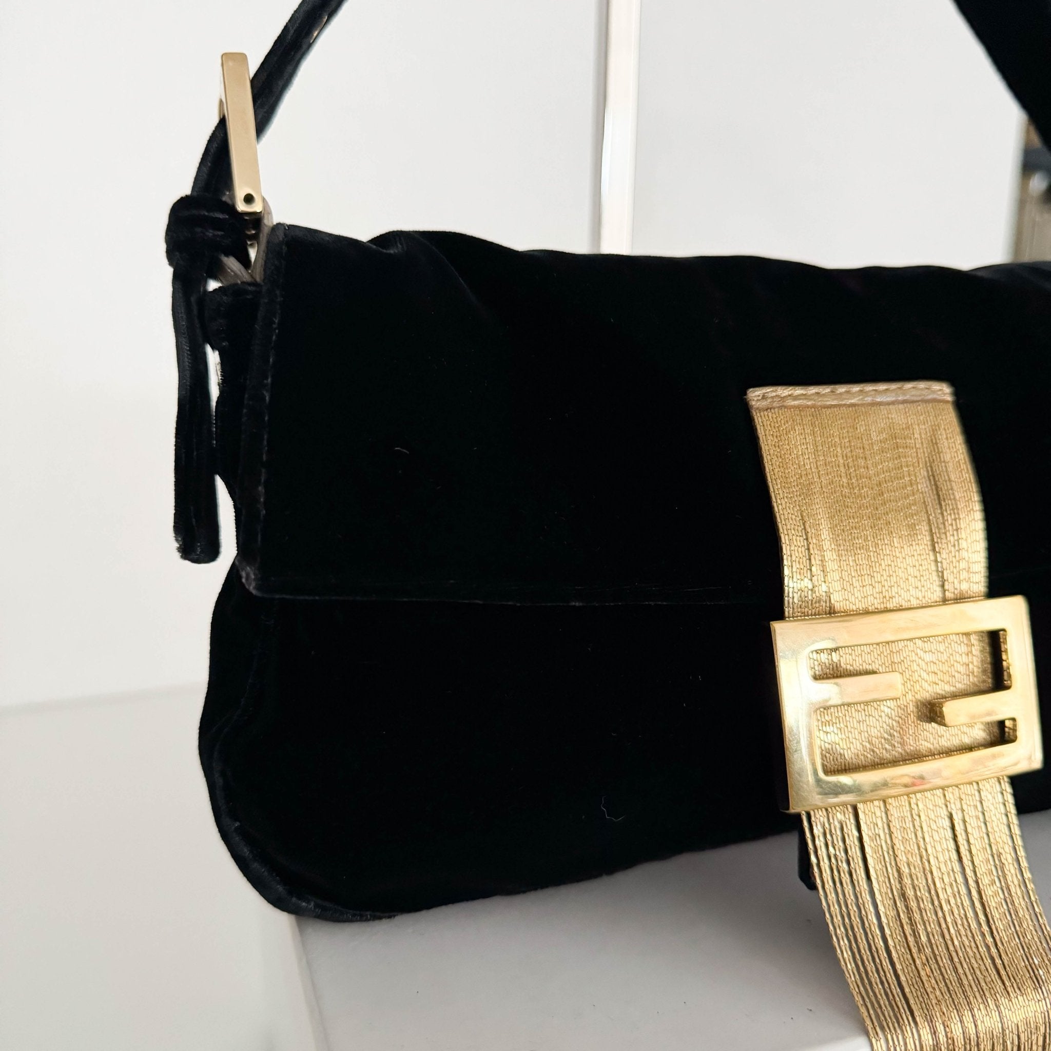 FENDI Baguette in Black Velvet with Gold Metallic Fringing, in , Sold by HIVE PRELOVED - Shoulder Bags, ,