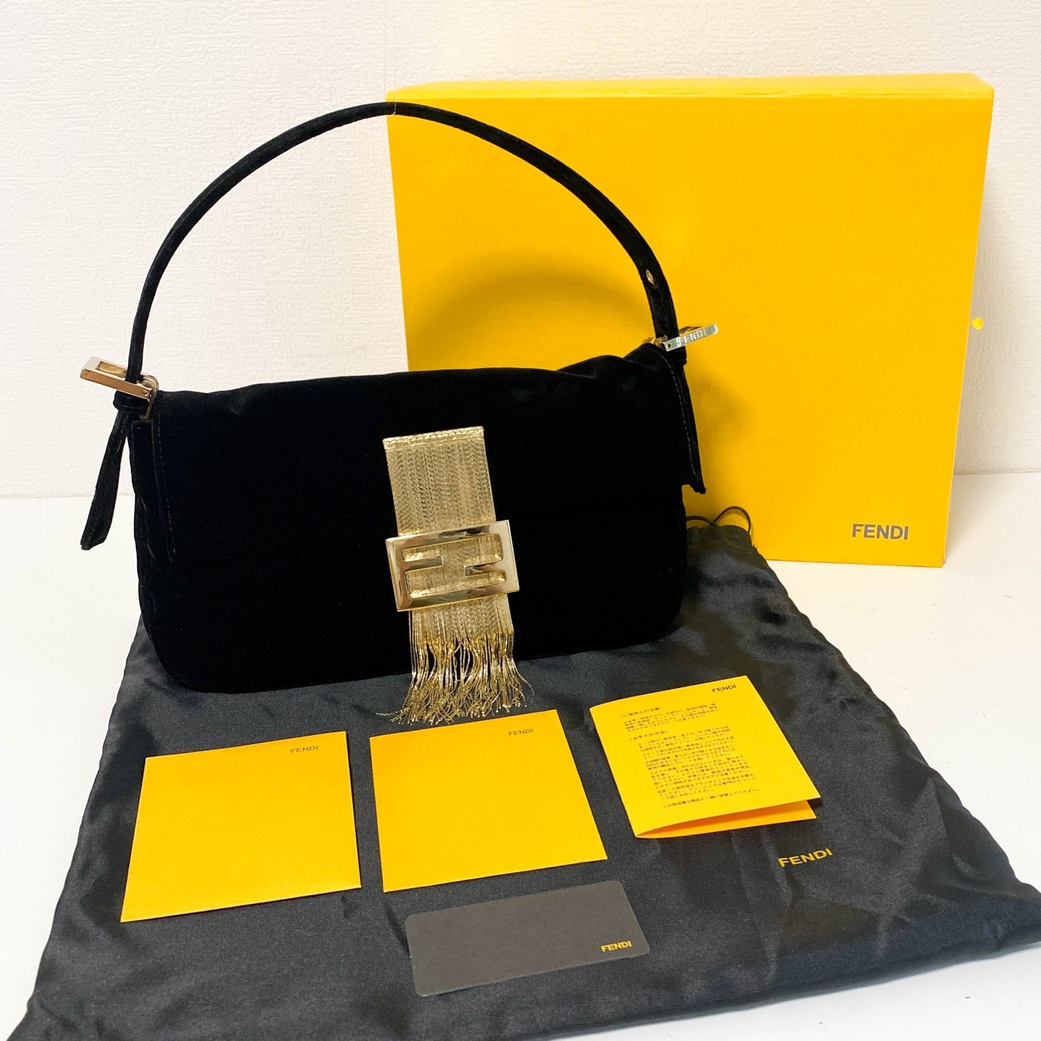 FENDI Baguette in Black Velvet with Gold Metallic Fringing, in , Sold by HIVE PRELOVED - Shoulder Bags, ,