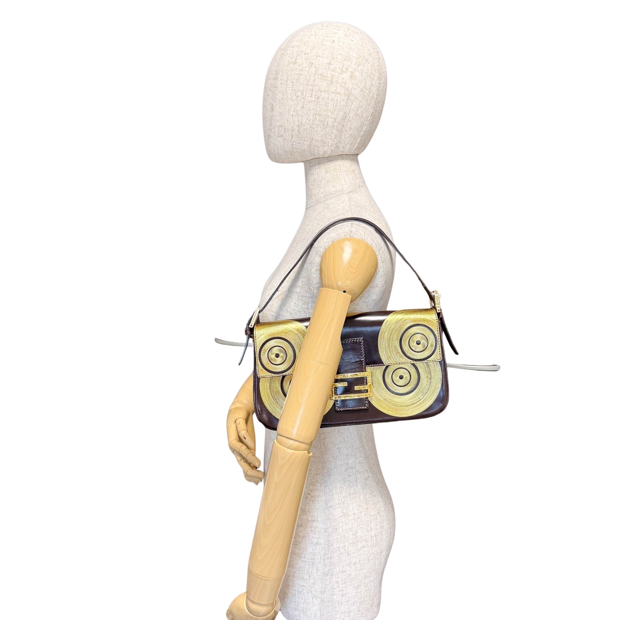 FENDI Baguette Limited Edition Brown Leather Gold Printed Shoulder Bag, in , Sold by HIVE PRELOVED - Shoulder Bags, ,