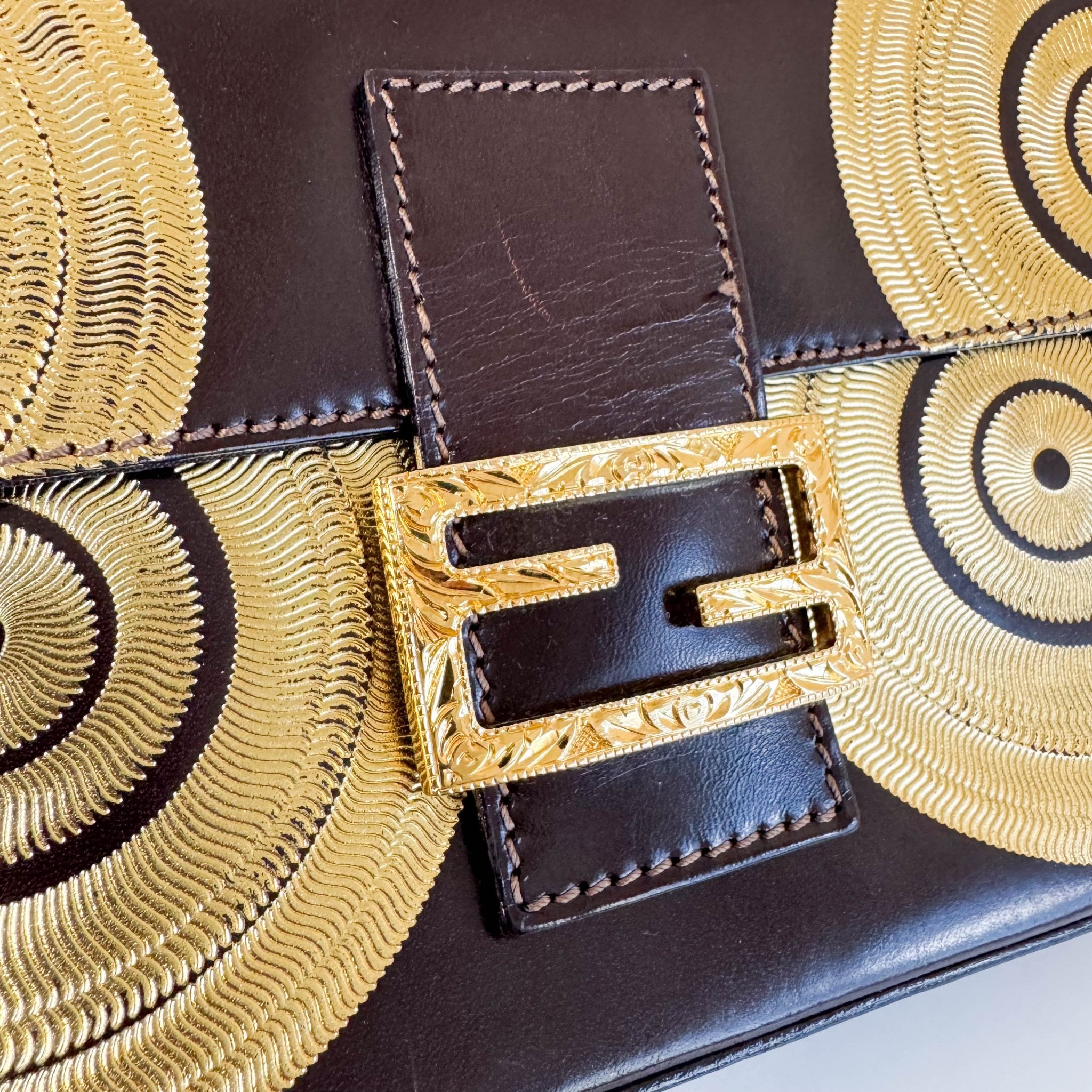 FENDI Baguette Limited Edition Brown Leather Gold Printed Shoulder Bag, in , Sold by HIVE PRELOVED - Shoulder Bags, ,