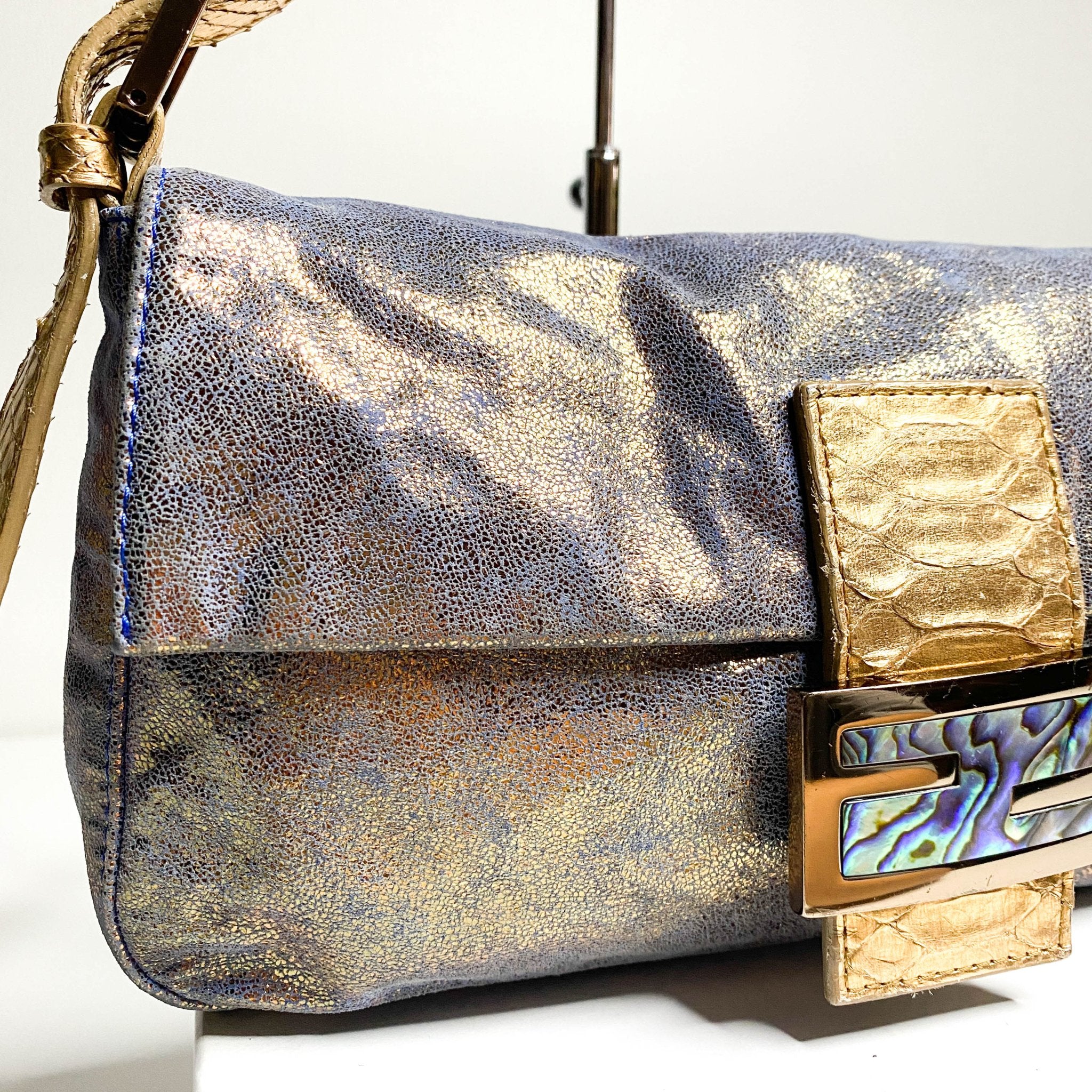 FENDI Baguette Metallic Blue / Gold Leather Shoulder Bag Python Strap Marble Hardware, Sold by HIVE PRELOVED-Shoulder Bags