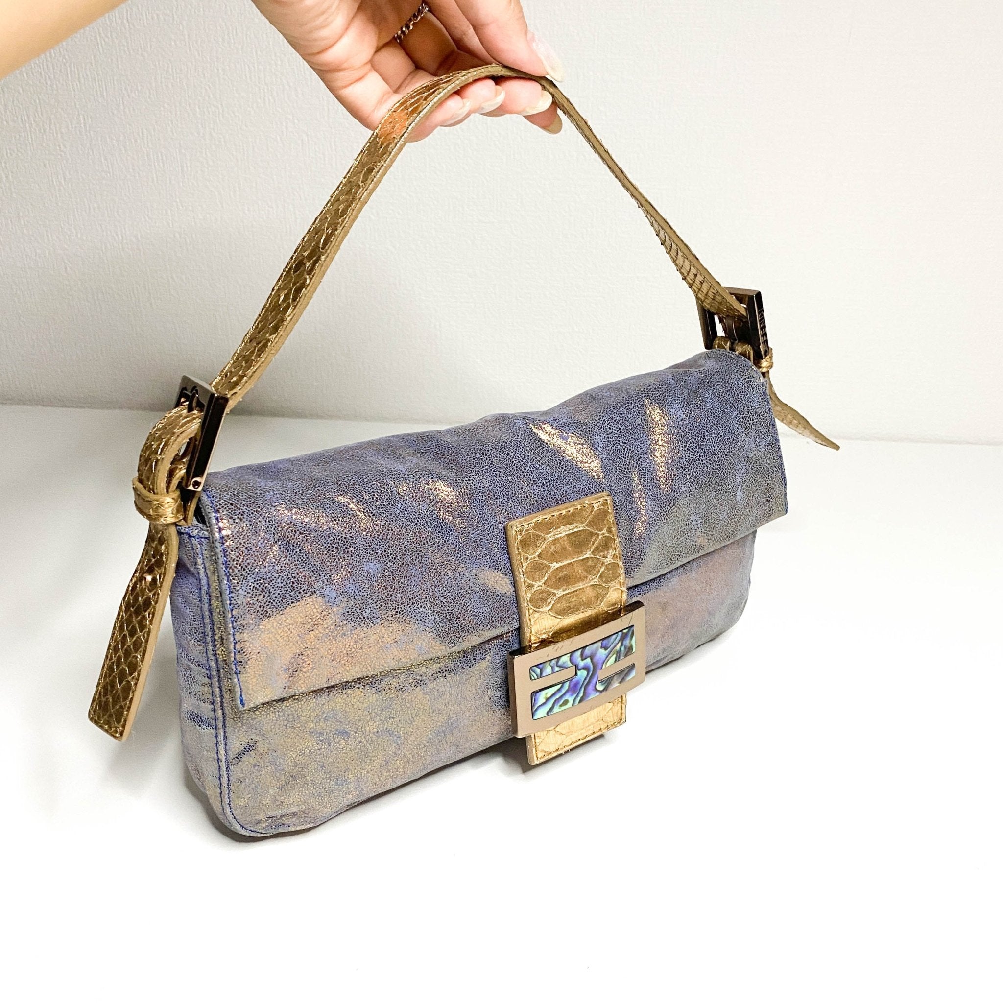 FENDI Baguette Metallic Blue / Gold Leather Shoulder Bag Python Strap Marble Hardware, Sold by HIVE PRELOVED-Shoulder Bags
