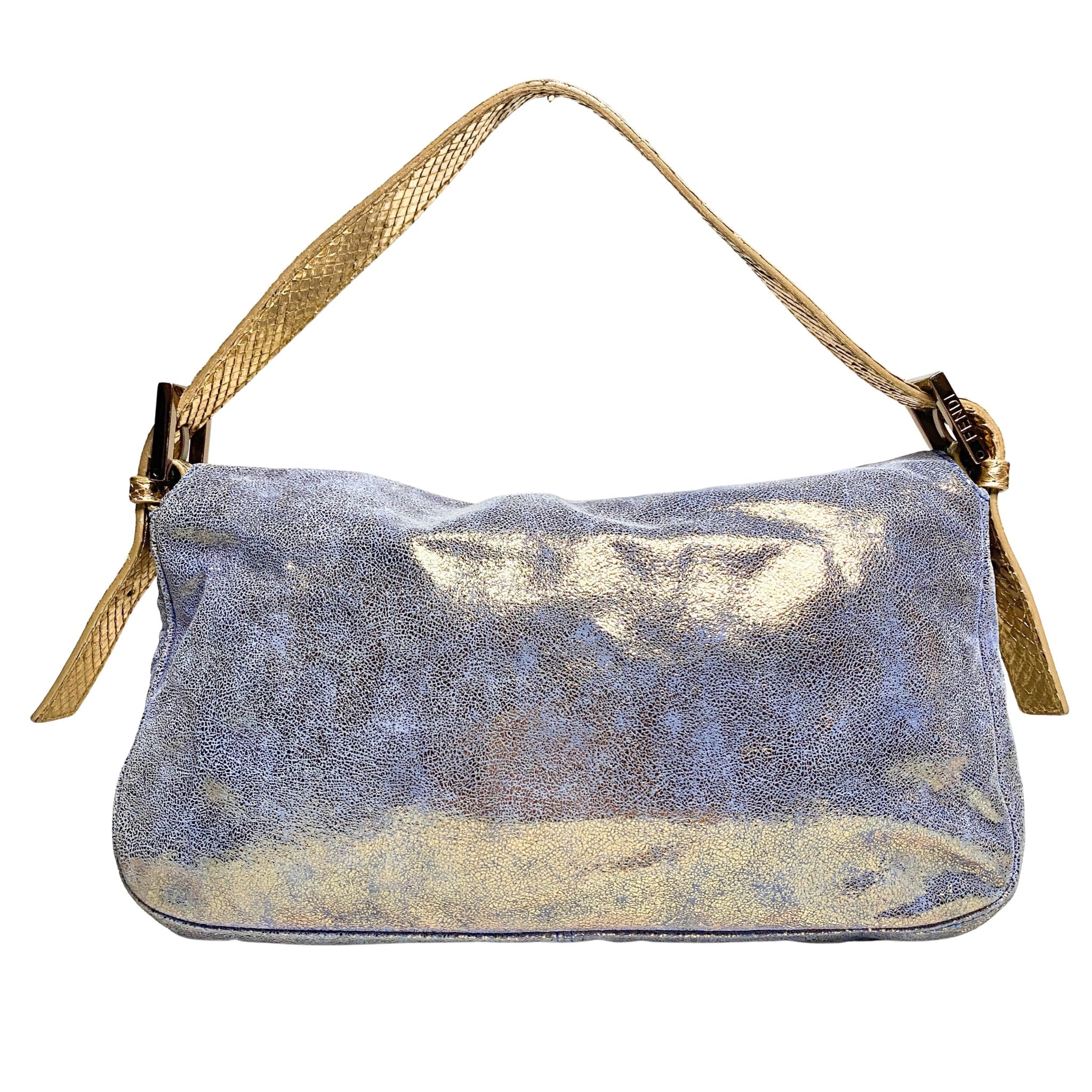 FENDI Baguette Metallic Blue / Gold Leather Shoulder Bag Python Strap Marble Hardware, Sold by HIVE PRELOVED-Shoulder Bags