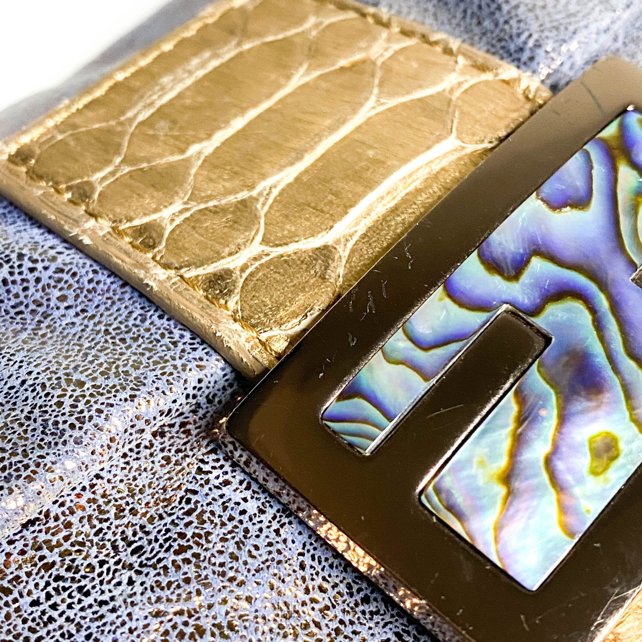 FENDI Baguette Metallic Blue / Gold Leather Shoulder Bag Python Strap Marble Hardware, Sold by HIVE PRELOVED-Shoulder Bags