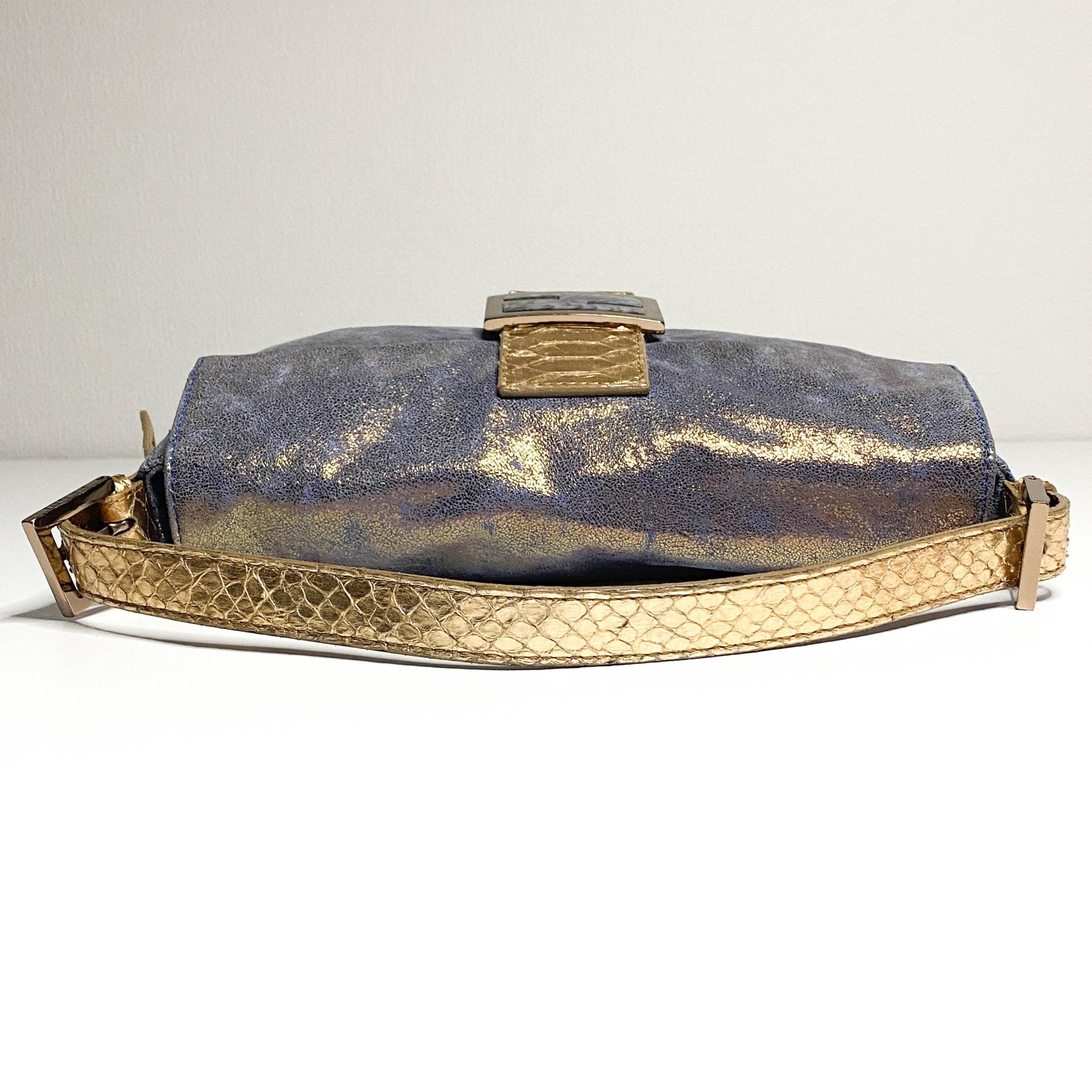 FENDI Baguette Metallic Blue / Gold Leather Shoulder Bag Python Strap Marble Hardware, Sold by HIVE PRELOVED-Shoulder Bags