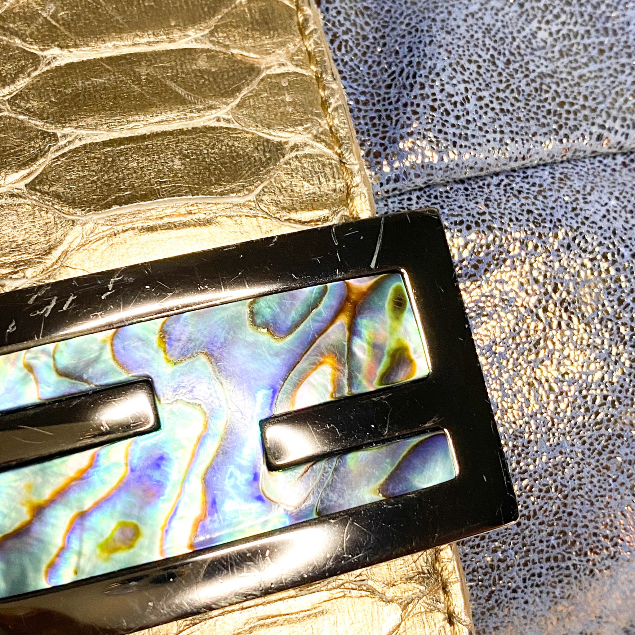 FENDI Baguette Metallic Blue / Gold Leather Shoulder Bag Python Strap Marble Hardware, Sold by HIVE PRELOVED-Shoulder Bags