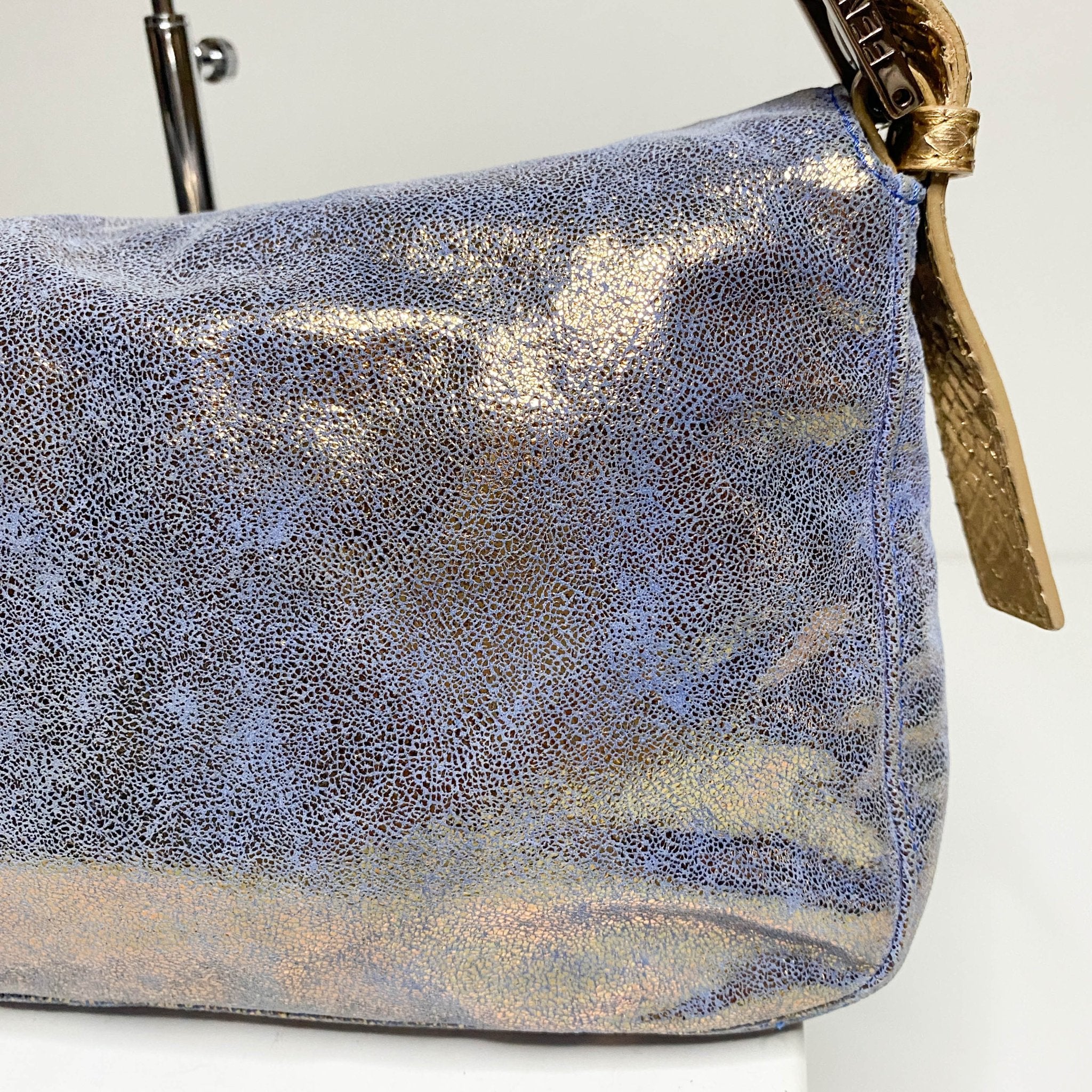 FENDI Baguette Metallic Blue / Gold Leather Shoulder Bag Python Strap Marble Hardware, Sold by HIVE PRELOVED-Shoulder Bags