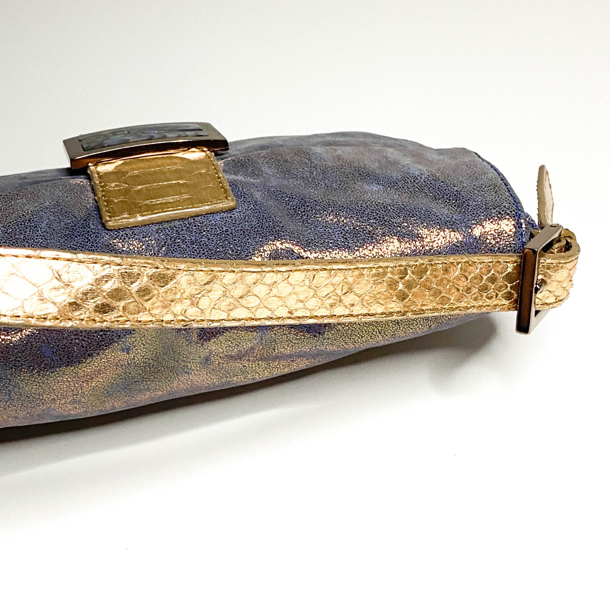 FENDI Baguette Metallic Blue / Gold Leather Shoulder Bag Python Strap Marble Hardware, Sold by HIVE PRELOVED-Shoulder Bags