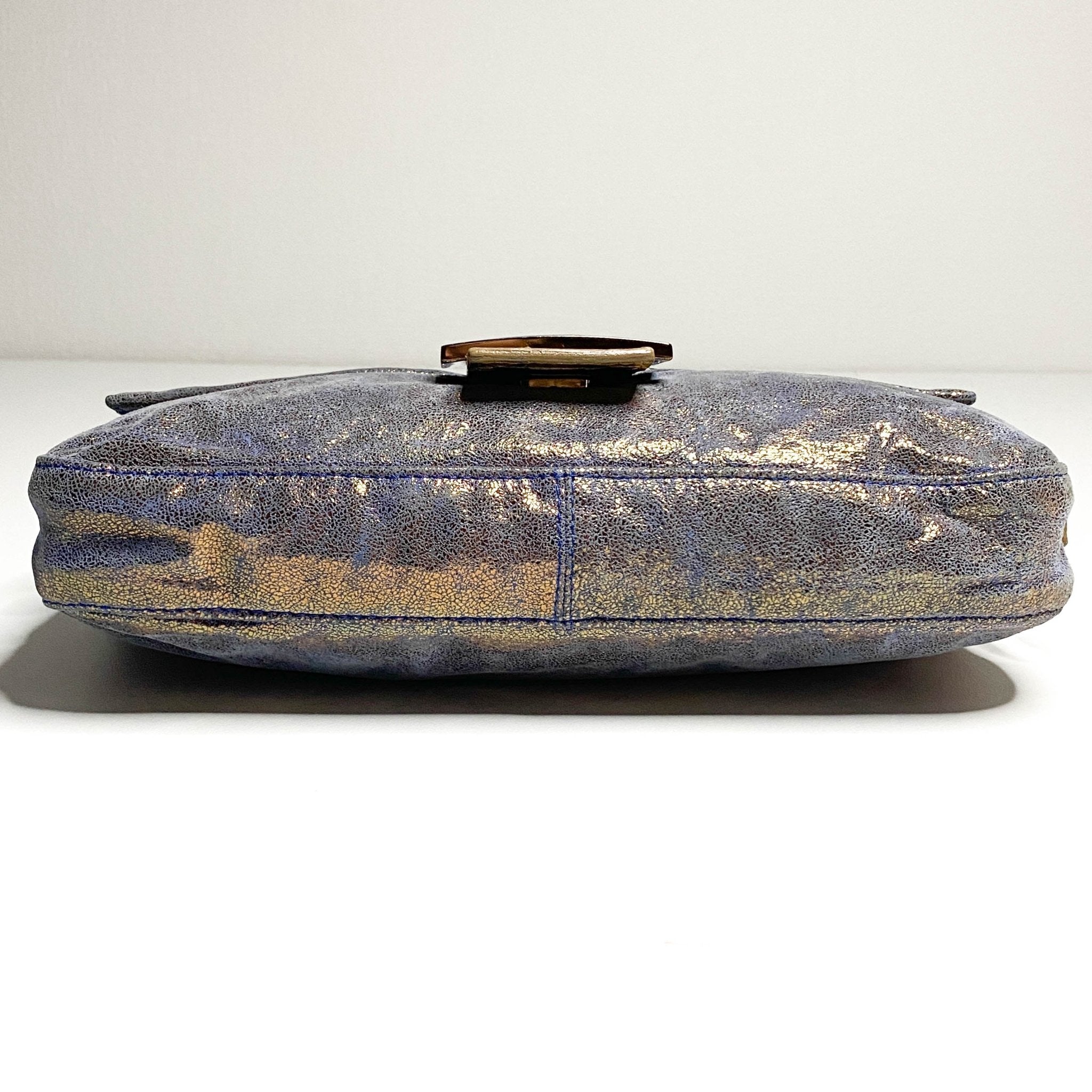 FENDI Baguette Metallic Blue / Gold Leather Shoulder Bag Python Strap Marble Hardware, Sold by HIVE PRELOVED-Shoulder Bags