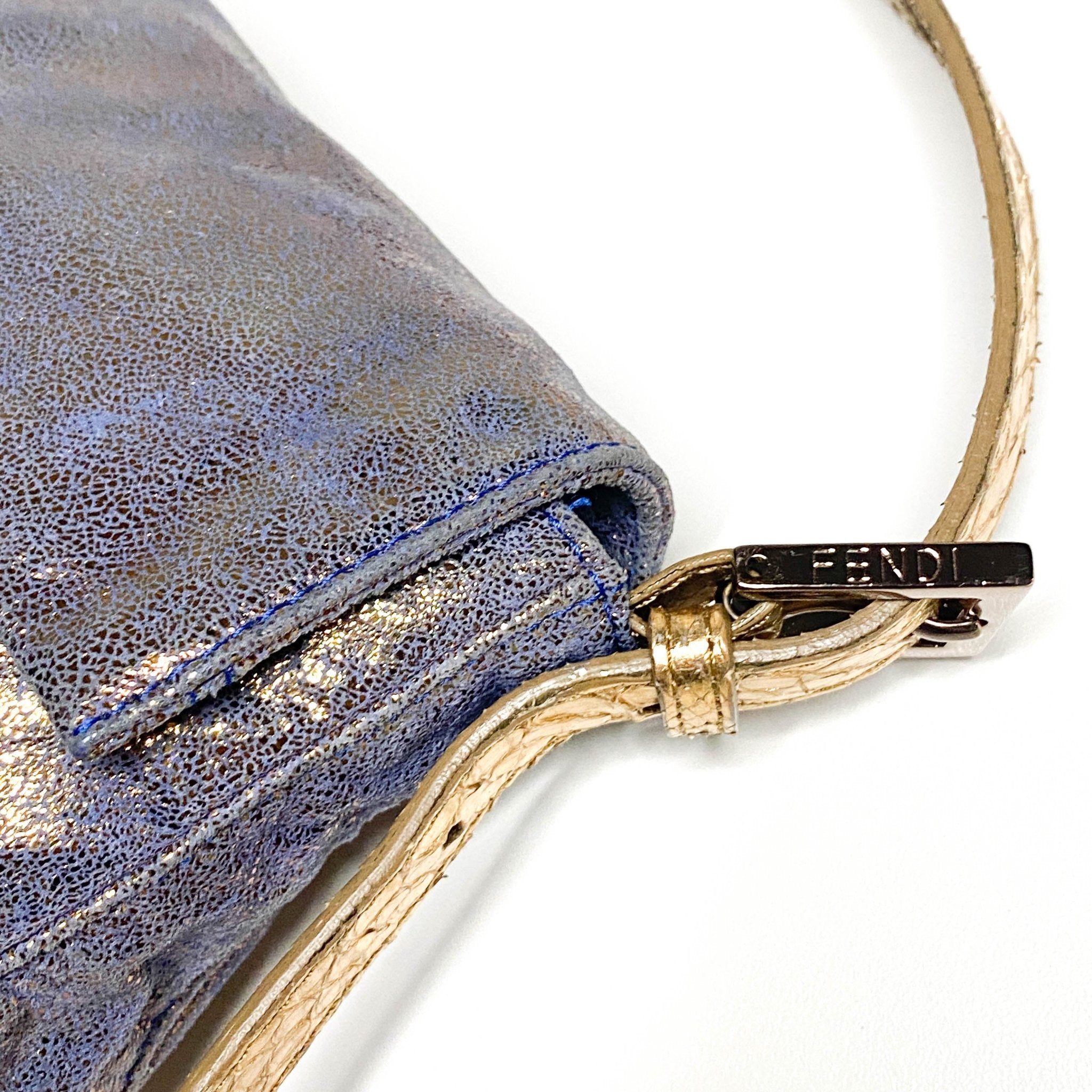 FENDI Baguette Metallic Blue / Gold Leather Shoulder Bag Python Strap Marble Hardware, Sold by HIVE PRELOVED-Shoulder Bags