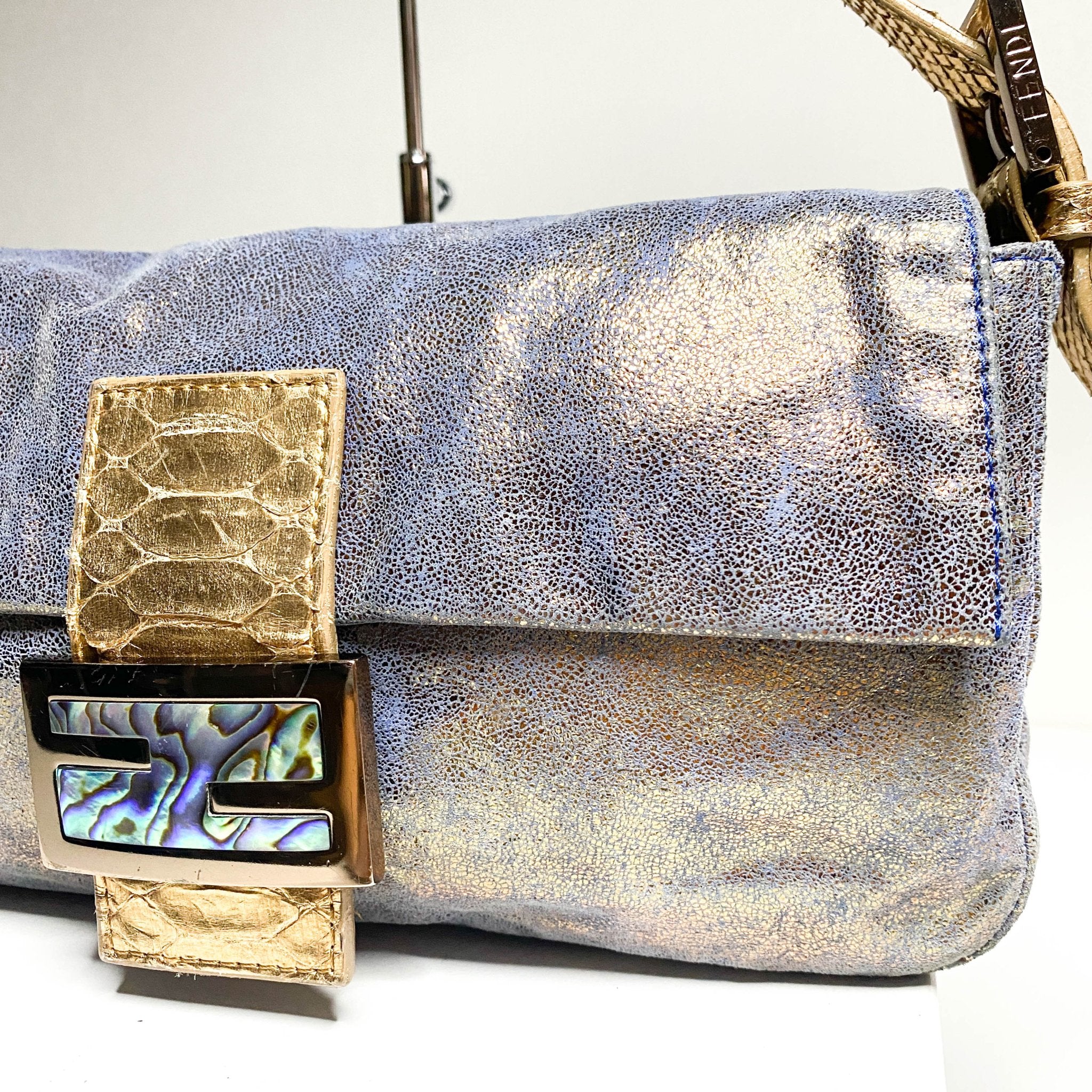 FENDI Baguette Metallic Blue / Gold Leather Shoulder Bag Python Strap Marble Hardware, Sold by HIVE PRELOVED-Shoulder Bags