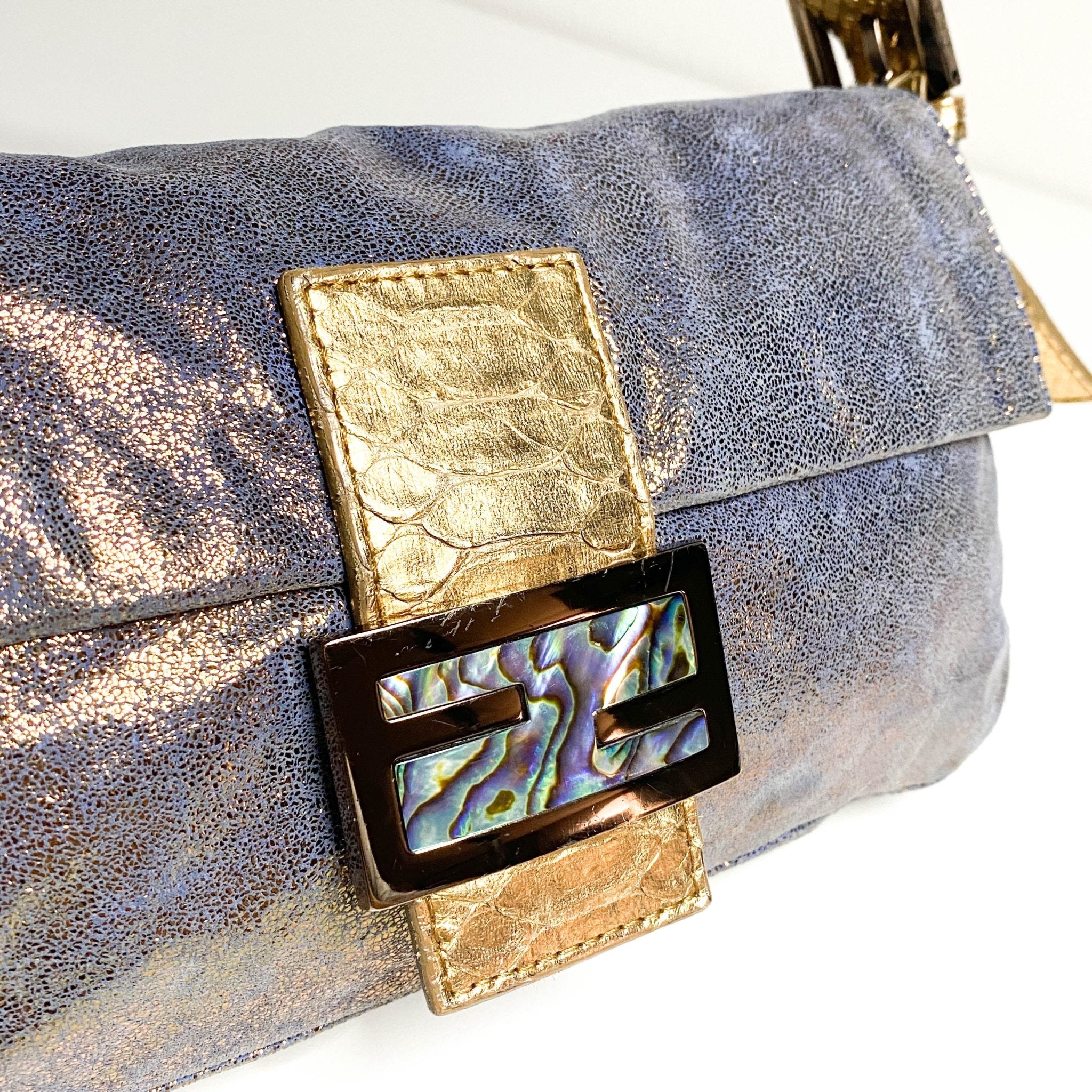 FENDI Baguette Metallic Blue / Gold Leather Shoulder Bag Python Strap Marble Hardware, Sold by HIVE PRELOVED-Shoulder Bags
