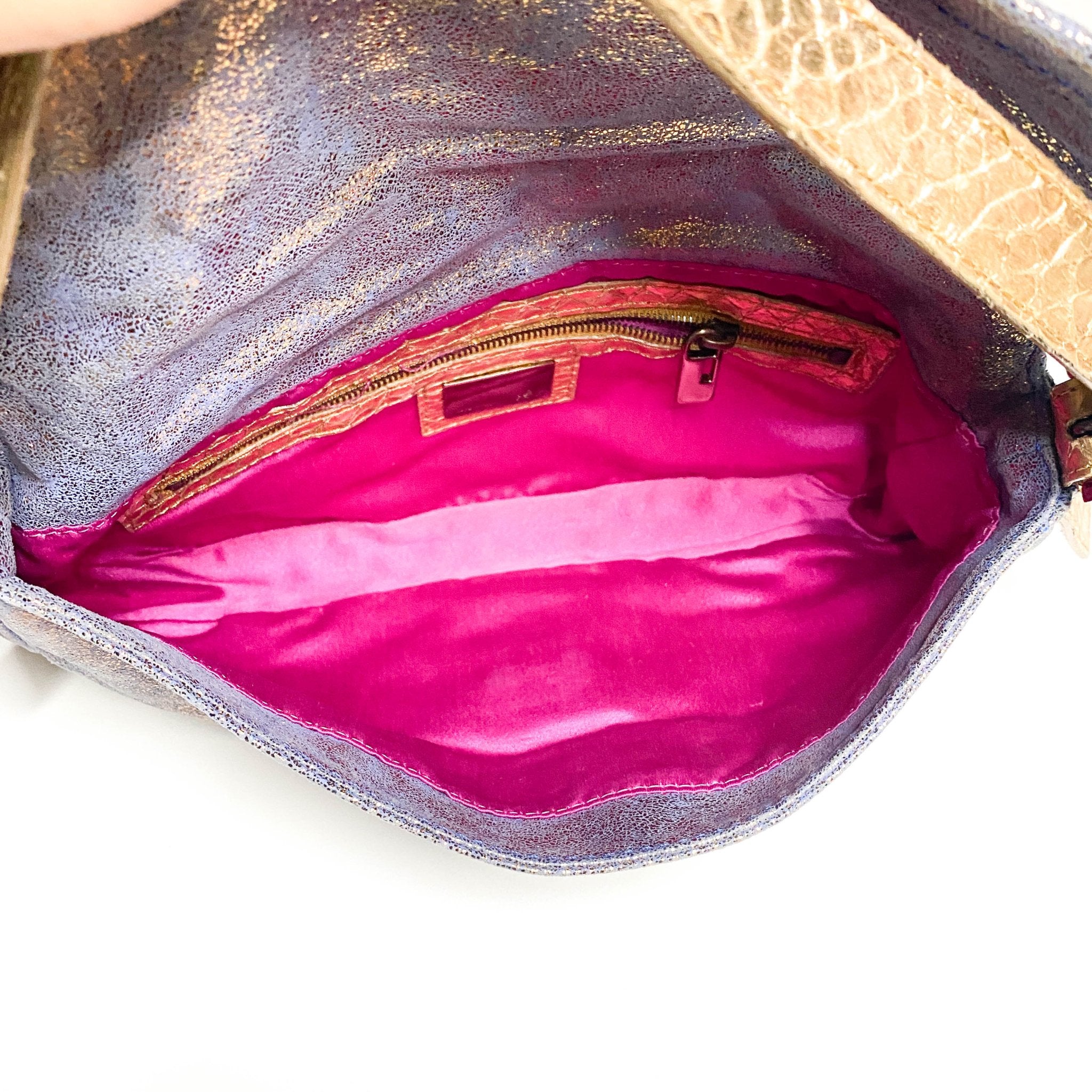 FENDI Baguette Metallic Blue / Gold Leather Shoulder Bag Python Strap Marble Hardware, Sold by HIVE PRELOVED-Shoulder Bags