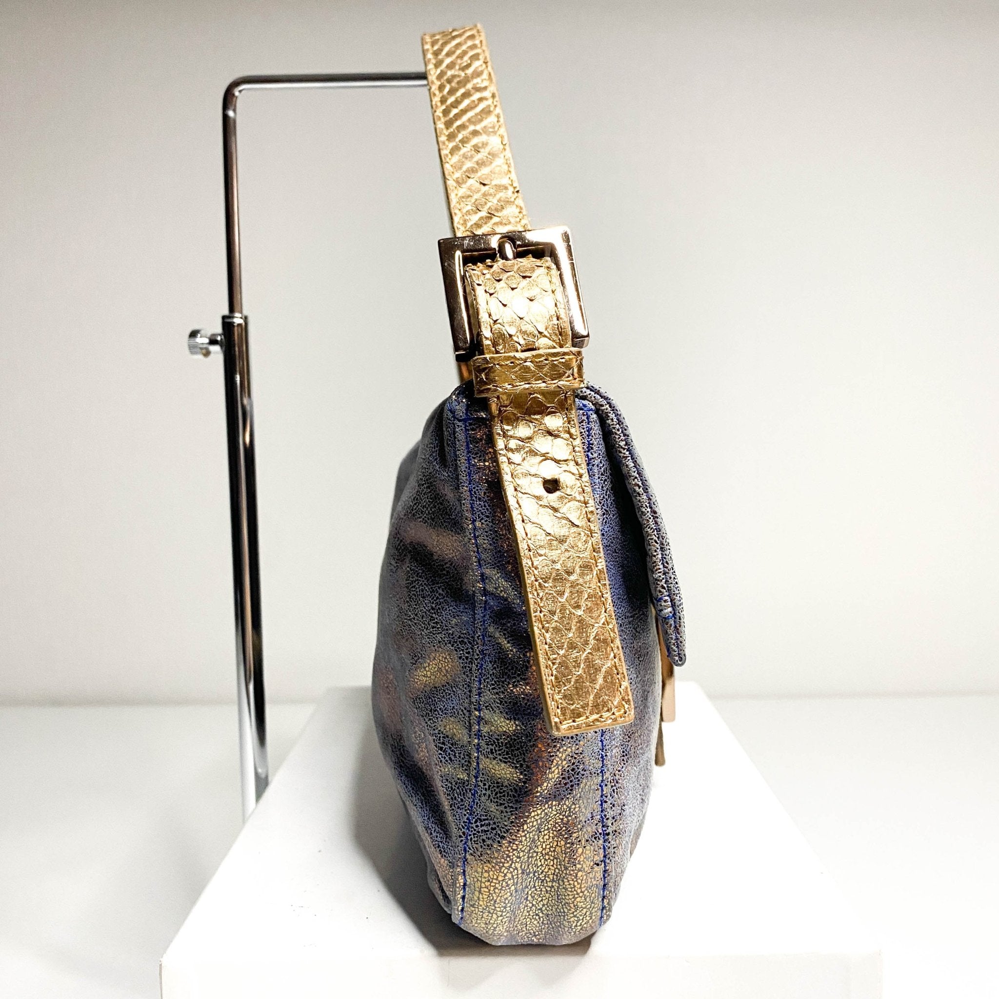 FENDI Baguette Metallic Blue / Gold Leather Shoulder Bag Python Strap Marble Hardware, Sold by HIVE PRELOVED-Shoulder Bags