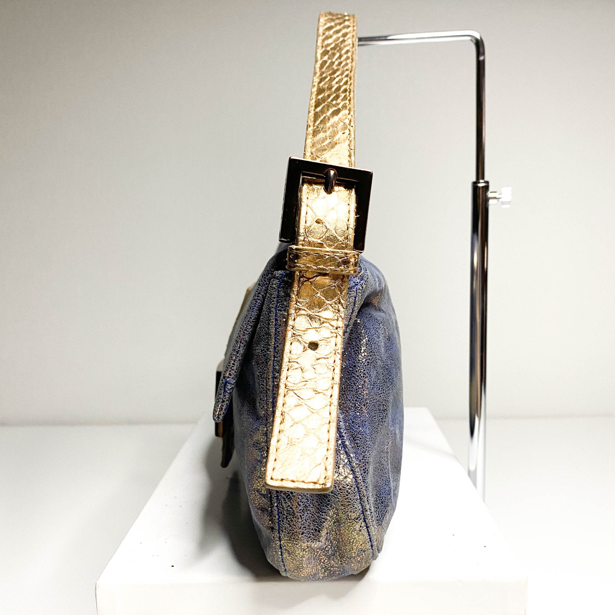 FENDI Baguette Metallic Blue / Gold Leather Shoulder Bag Python Strap Marble Hardware, Sold by HIVE PRELOVED-Shoulder Bags