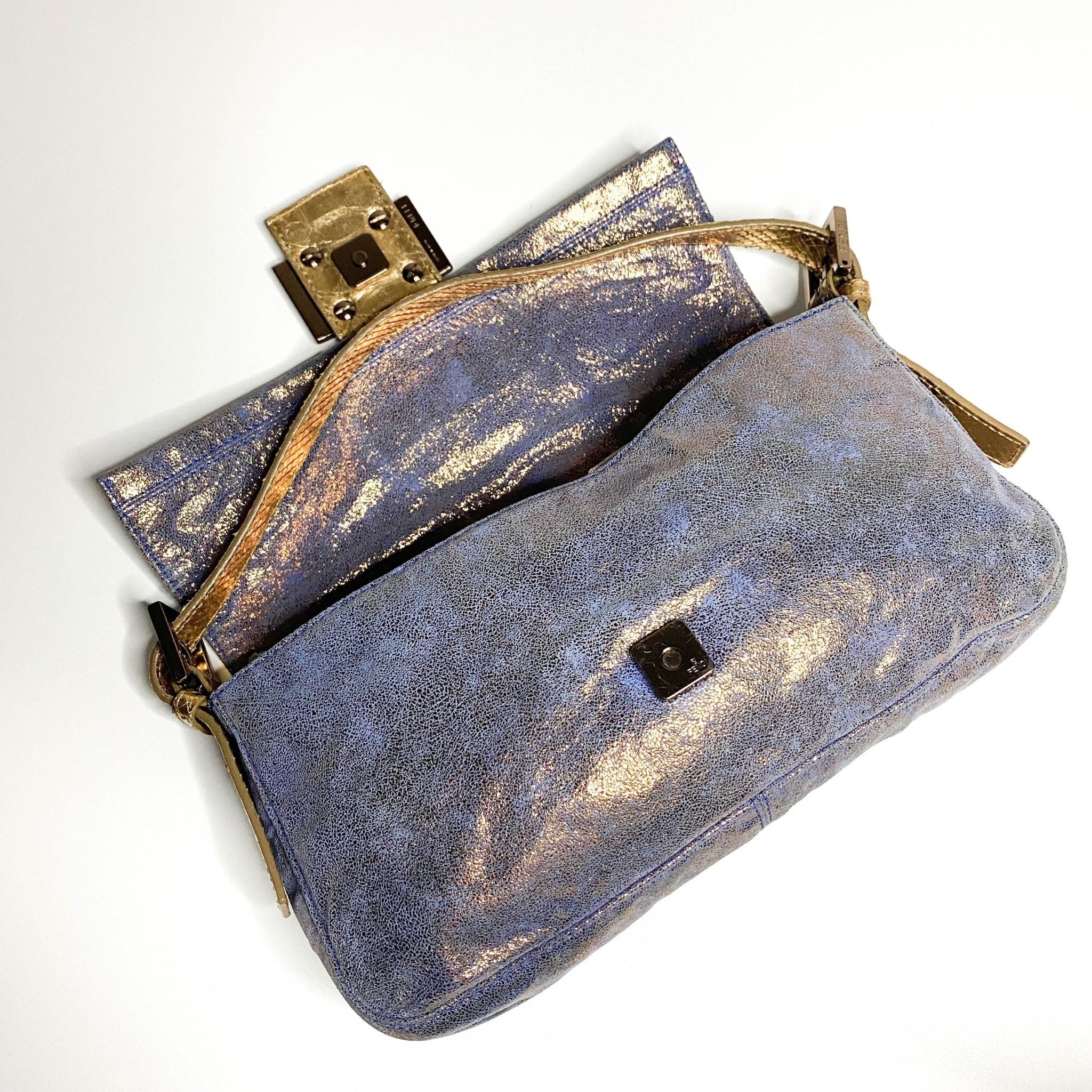 FENDI Baguette Metallic Blue / Gold Leather Shoulder Bag Python Strap Marble Hardware, Sold by HIVE PRELOVED-Shoulder Bags