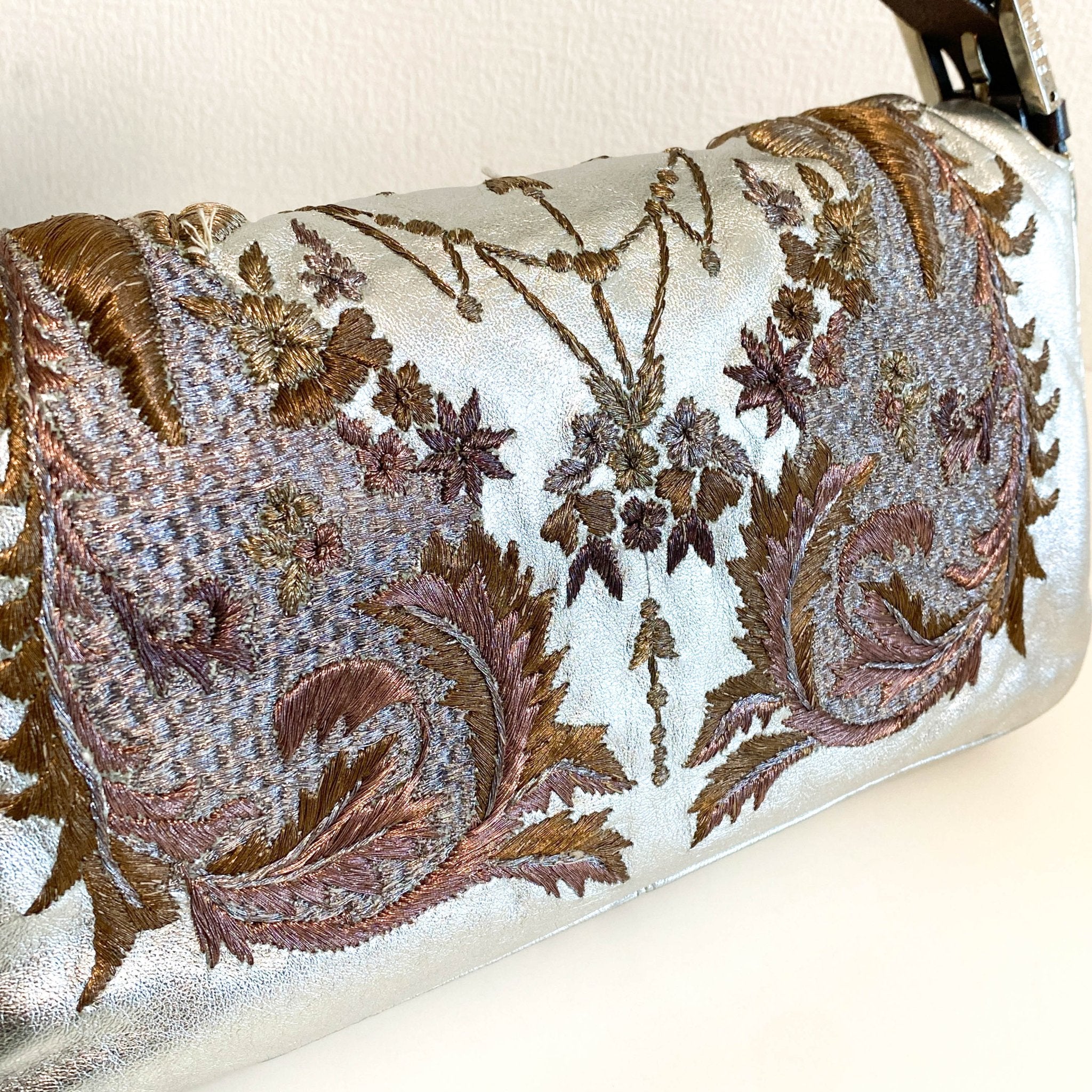 FENDI Baguette Metallic Silver Leather / Embroidered Shoulder Bag, in , Sold by HIVE PRELOVED - Shoulder Bags, ,