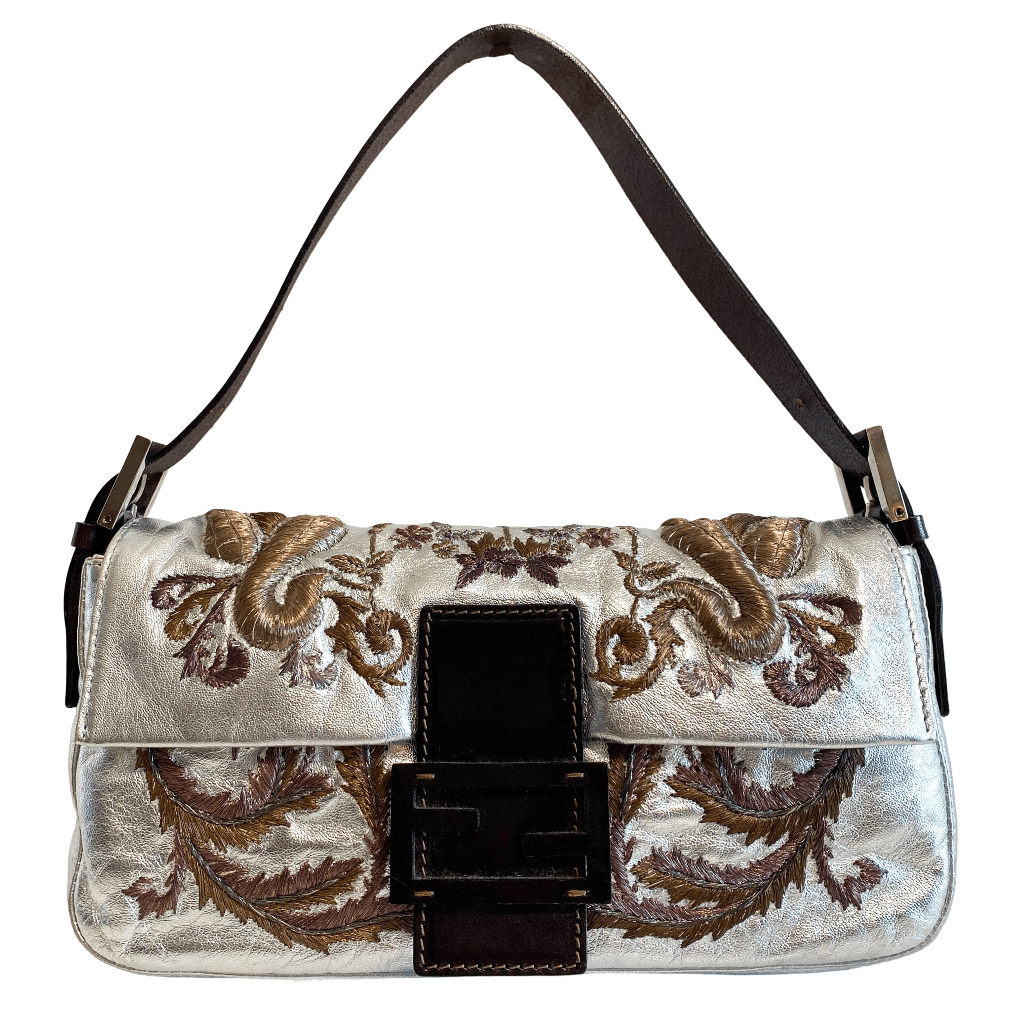 FENDI Baguette Metallic Silver Leather / Embroidered Shoulder Bag, in , Sold by HIVE PRELOVED - Shoulder Bags, ,