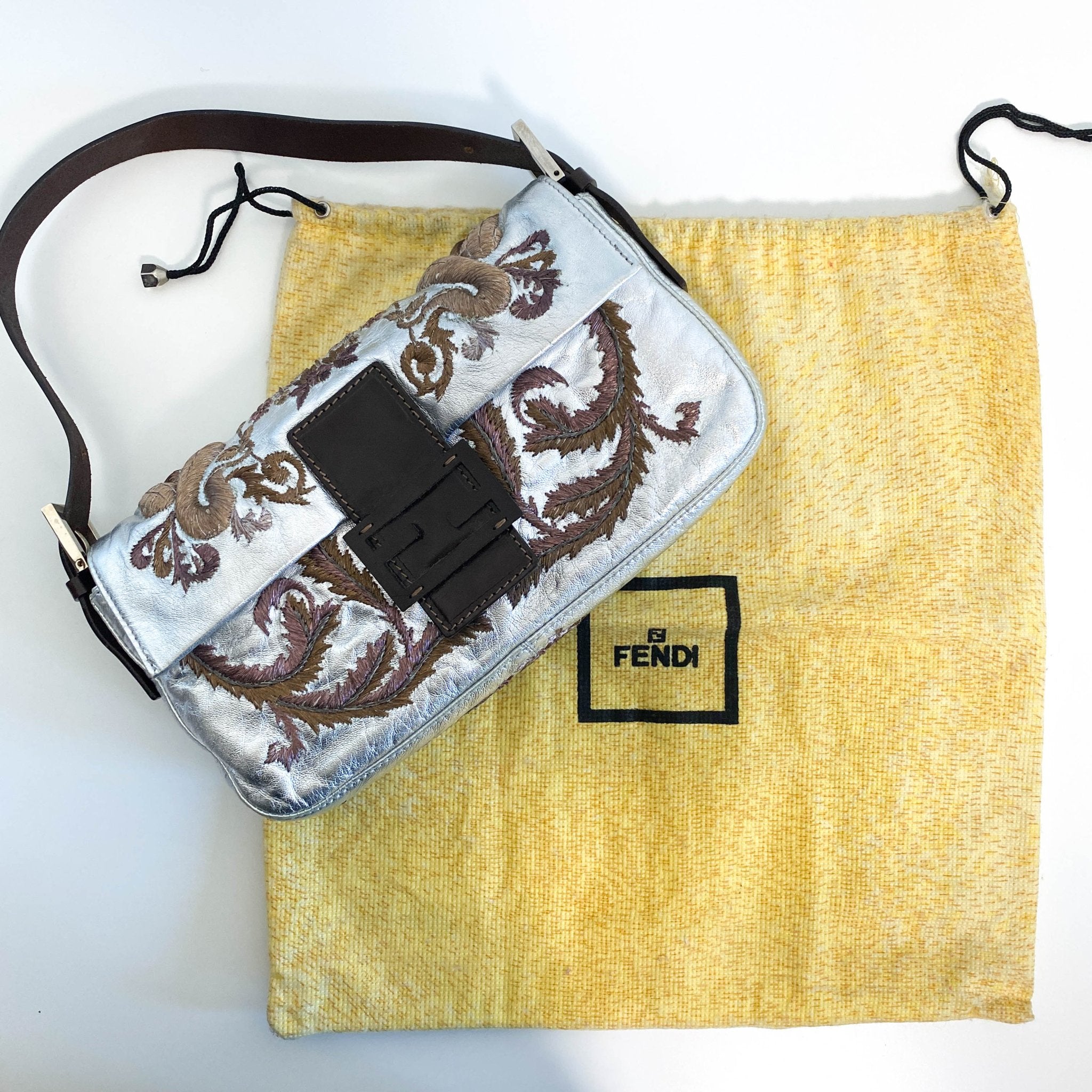 FENDI Baguette Metallic Silver Leather / Embroidered Shoulder Bag, in , Sold by HIVE PRELOVED - Shoulder Bags, ,