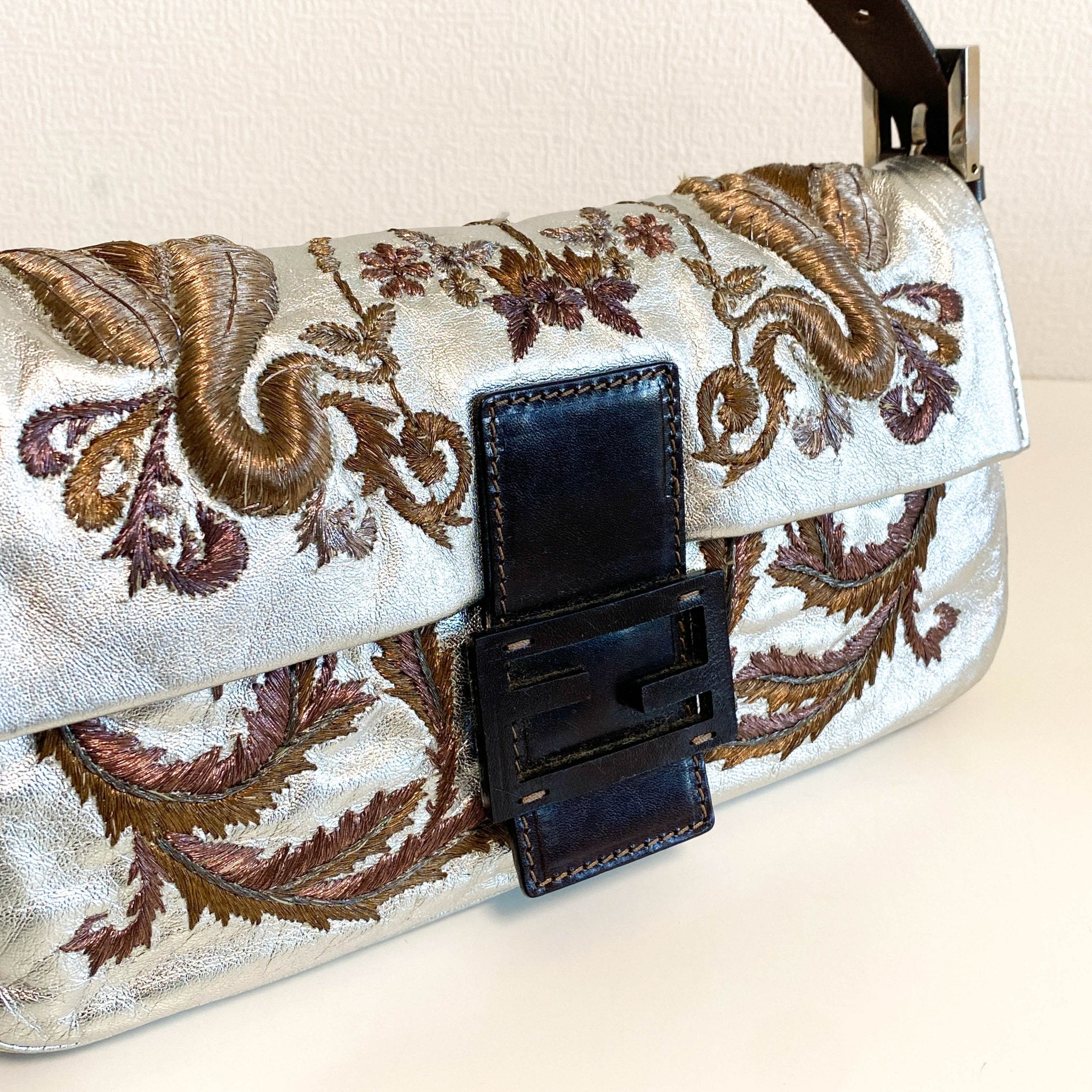 FENDI Baguette Metallic Silver Leather / Embroidered Shoulder Bag, in , Sold by HIVE PRELOVED - Shoulder Bags, ,