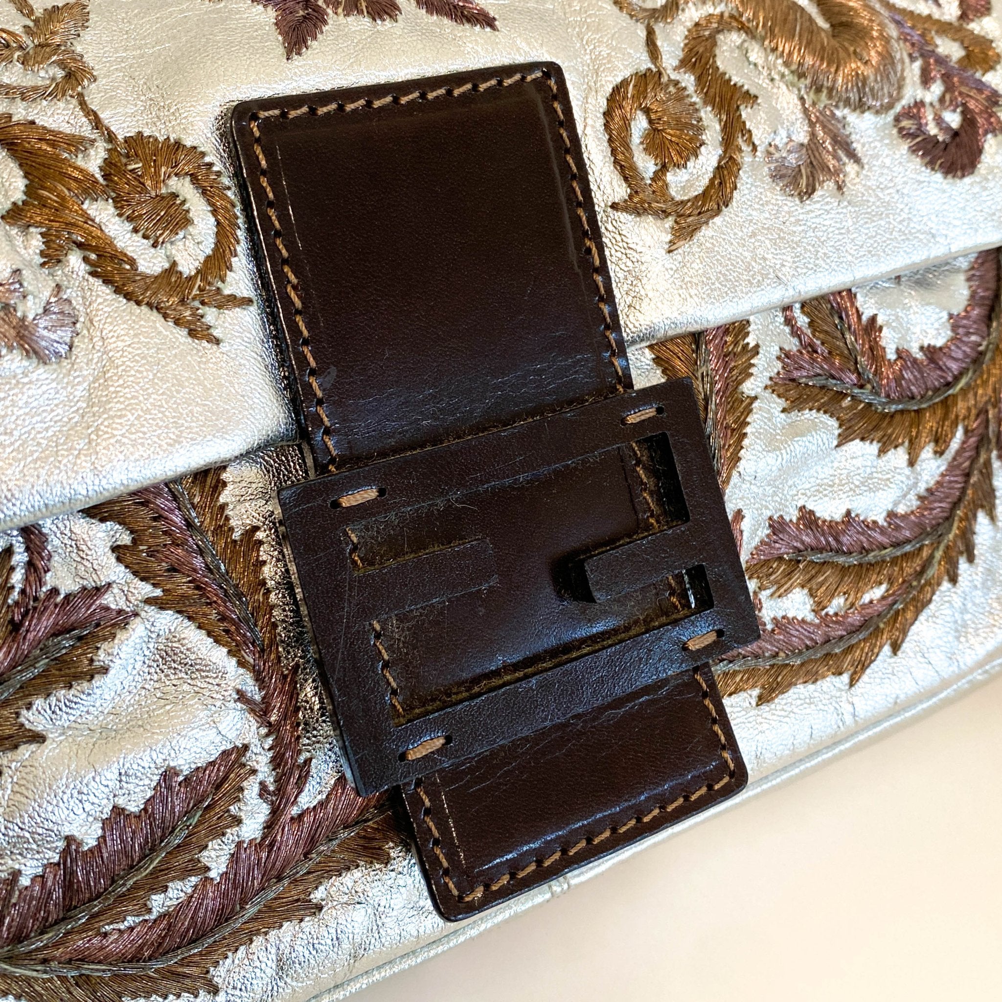 FENDI Baguette Metallic Silver Leather / Embroidered Shoulder Bag, in , Sold by HIVE PRELOVED - Shoulder Bags, ,