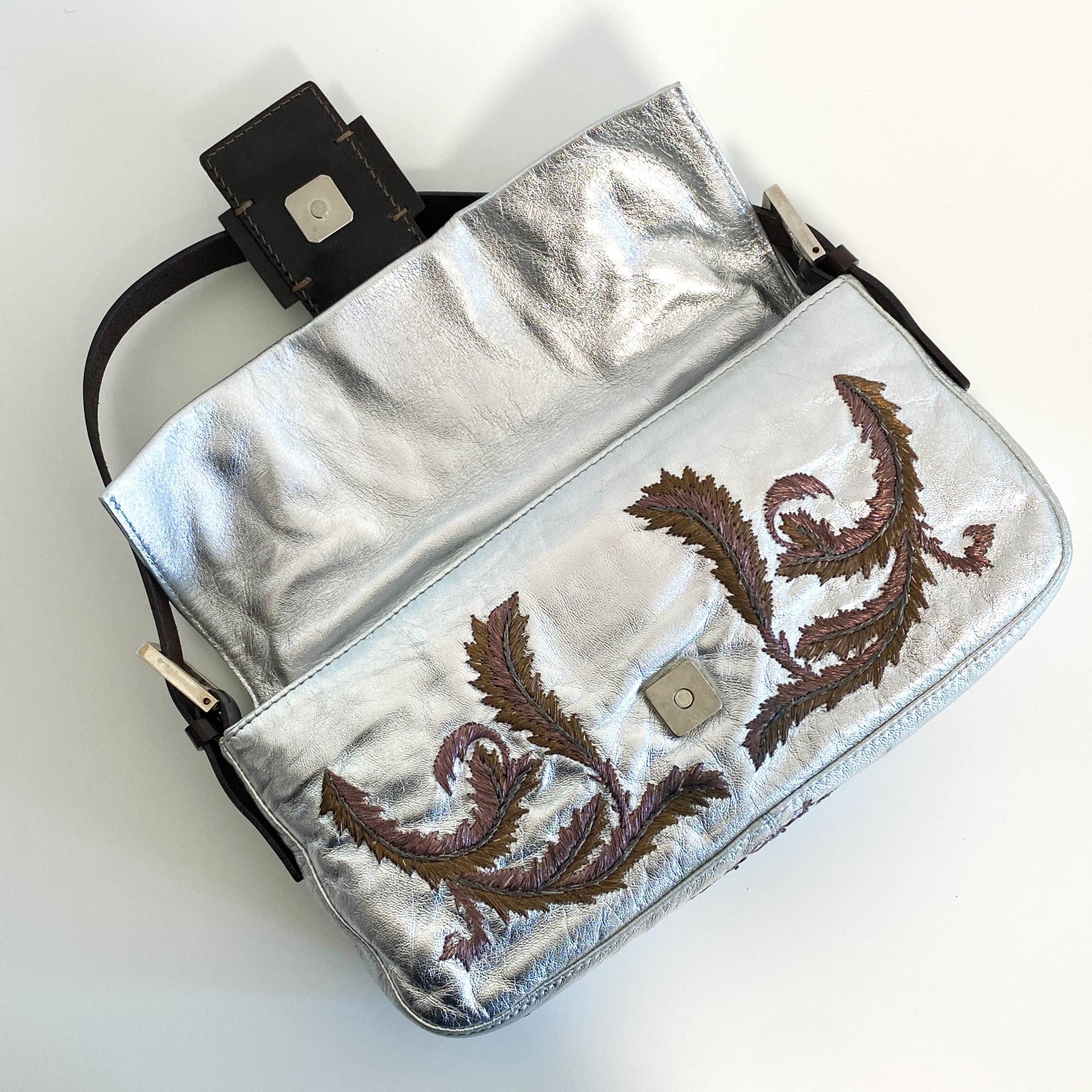 FENDI Baguette Metallic Silver Leather / Embroidered Shoulder Bag, in , Sold by HIVE PRELOVED - Shoulder Bags, ,